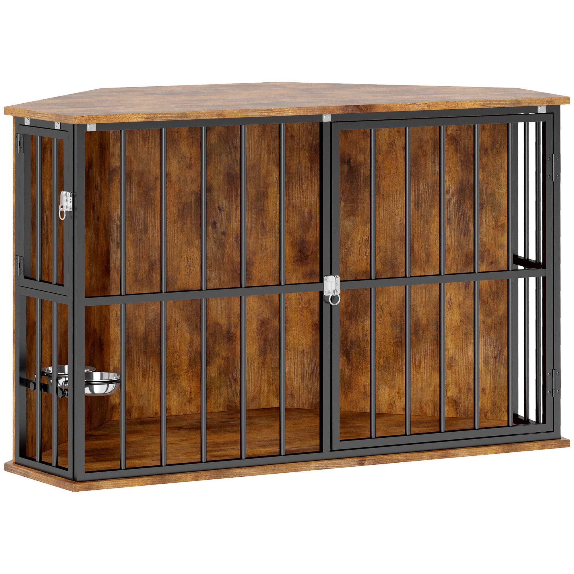 PawHut Corner Dog Crate Furniture with 2 Bowls, Lockable Doors, for Small Medium Dogs, Rustic Brown - North Peak Garden Furniture