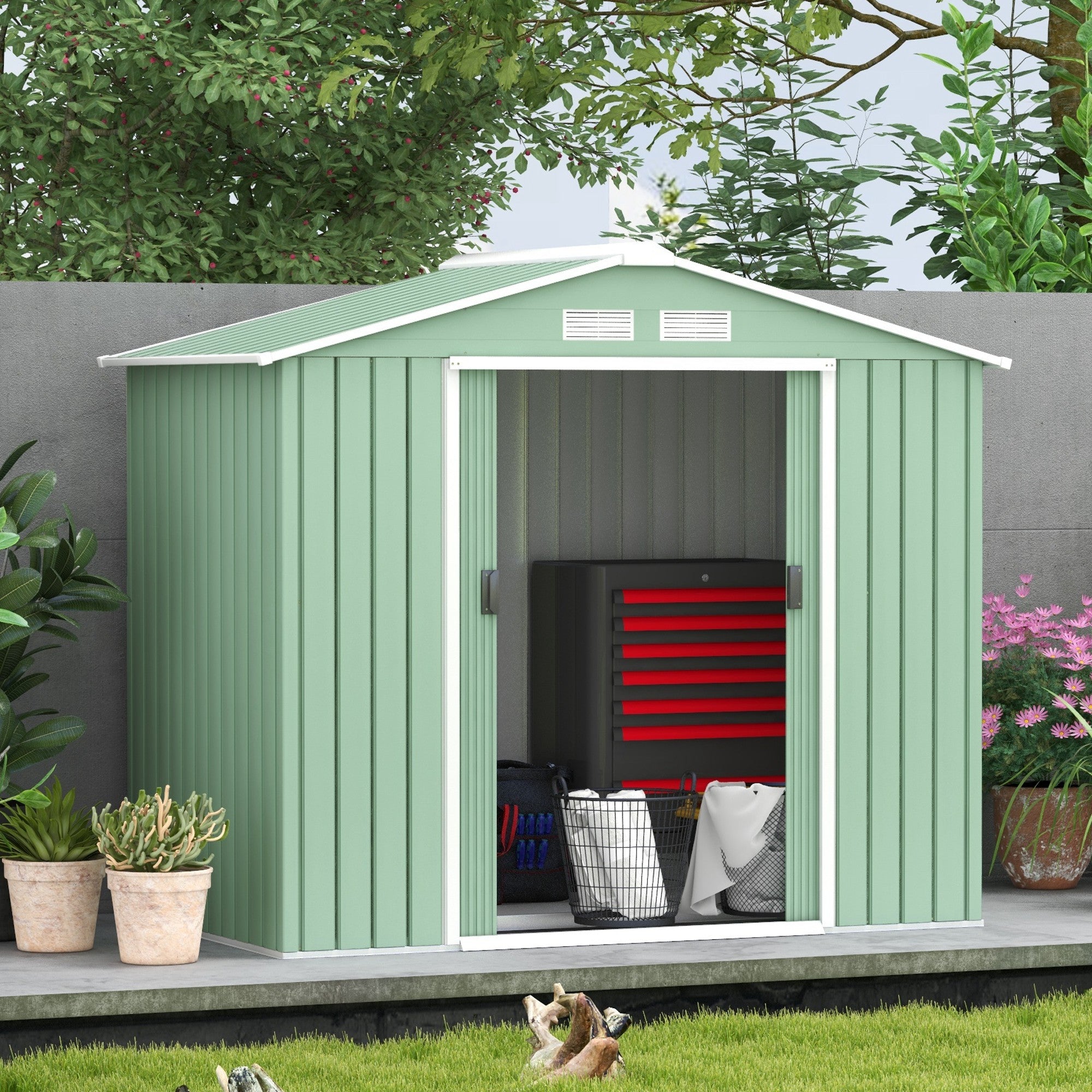 Outsunny 7 x 4ft Metal Garden Shed, Outdoor Storage Tool House with Ventilation Slots, Foundation Kit and Lockable Double Doors, Light Green - North Peak Garden Furniture
