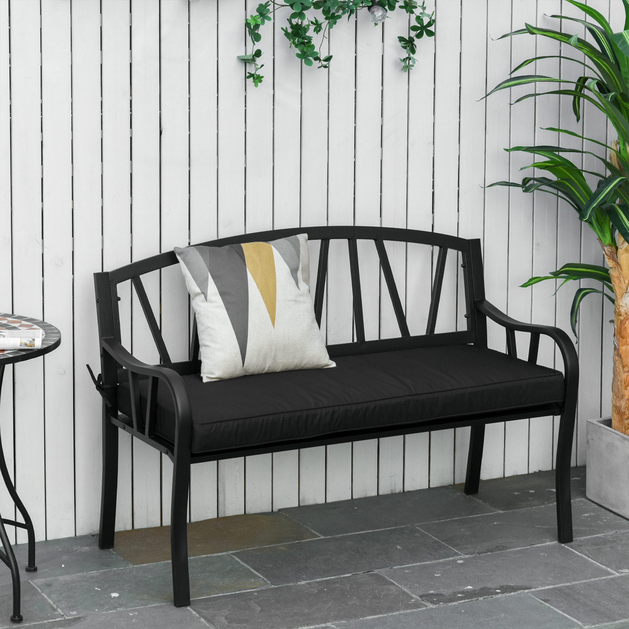 Outsunny 2-Seater Garden Bench with Cushion, Metal Loveseat, Slatted Outdoor Park Chair with Decorative Backrest and Armrest, Black - North Peak Garden Furniture