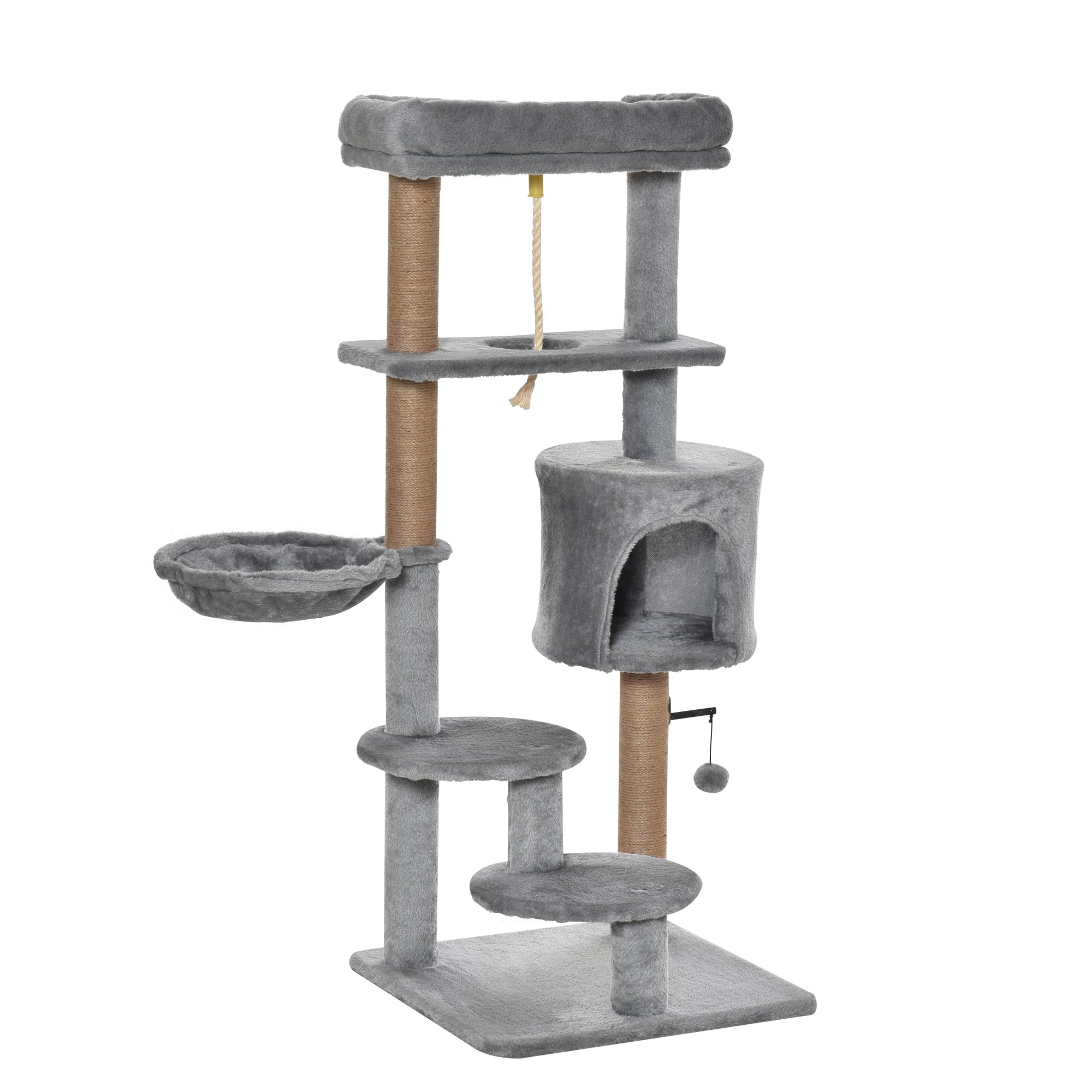 PawHut Cat Tree Tower for Indoor Cats 120cm Climbing Kitten Activity Center with Jute Scratching Post Perch Hanging Ball Hammock Teasing Rope Condo Toy Light Grey - North Peak Garden Furniture