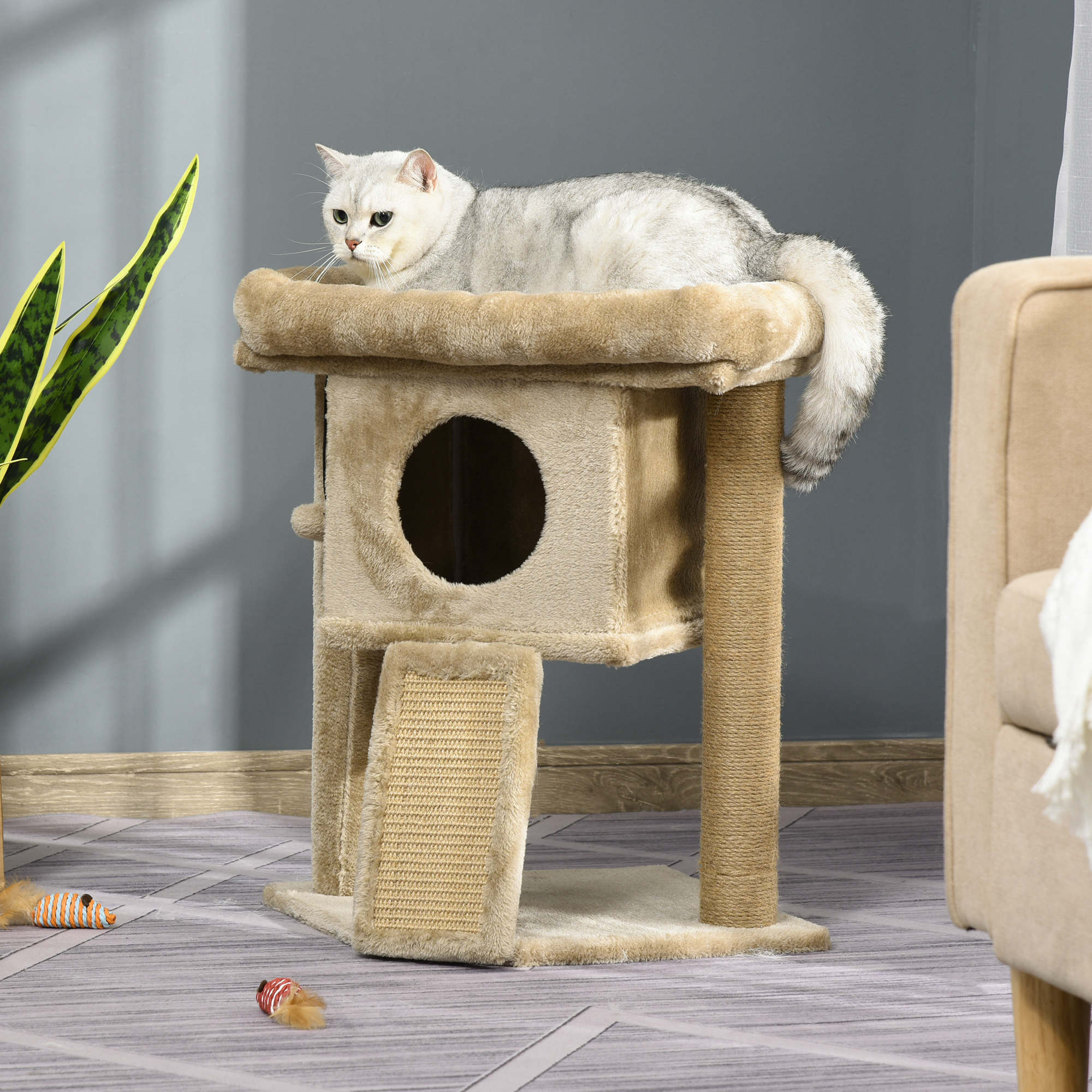 PawHut Cat Tree Tower for Indoor Cats Cat Scratching Post Climbing Activity Centre w/Jute Scratching Pad, Toy Ball, Cat House - Coffee - North Peak Garden Furniture