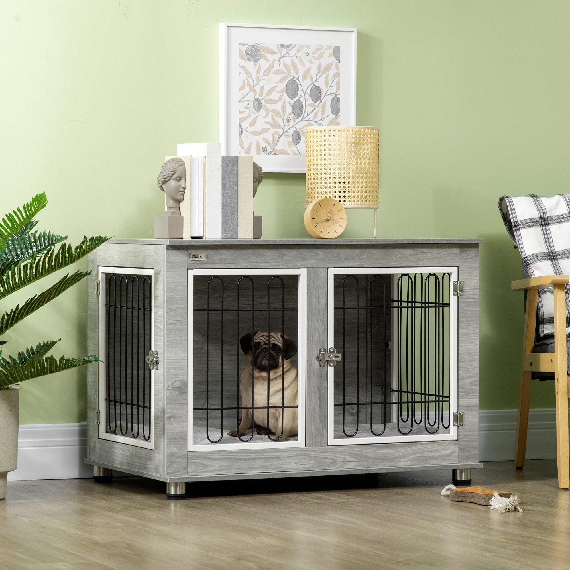 PawHut Dog Crate Furniture, Side End Table, Indoor Dog Kennel with Soft Washable Cushion, Wire Mesh, Large Top, for Medium and Large Dogs,90 x 58 x 65, Grey - North Peak Garden Furniture