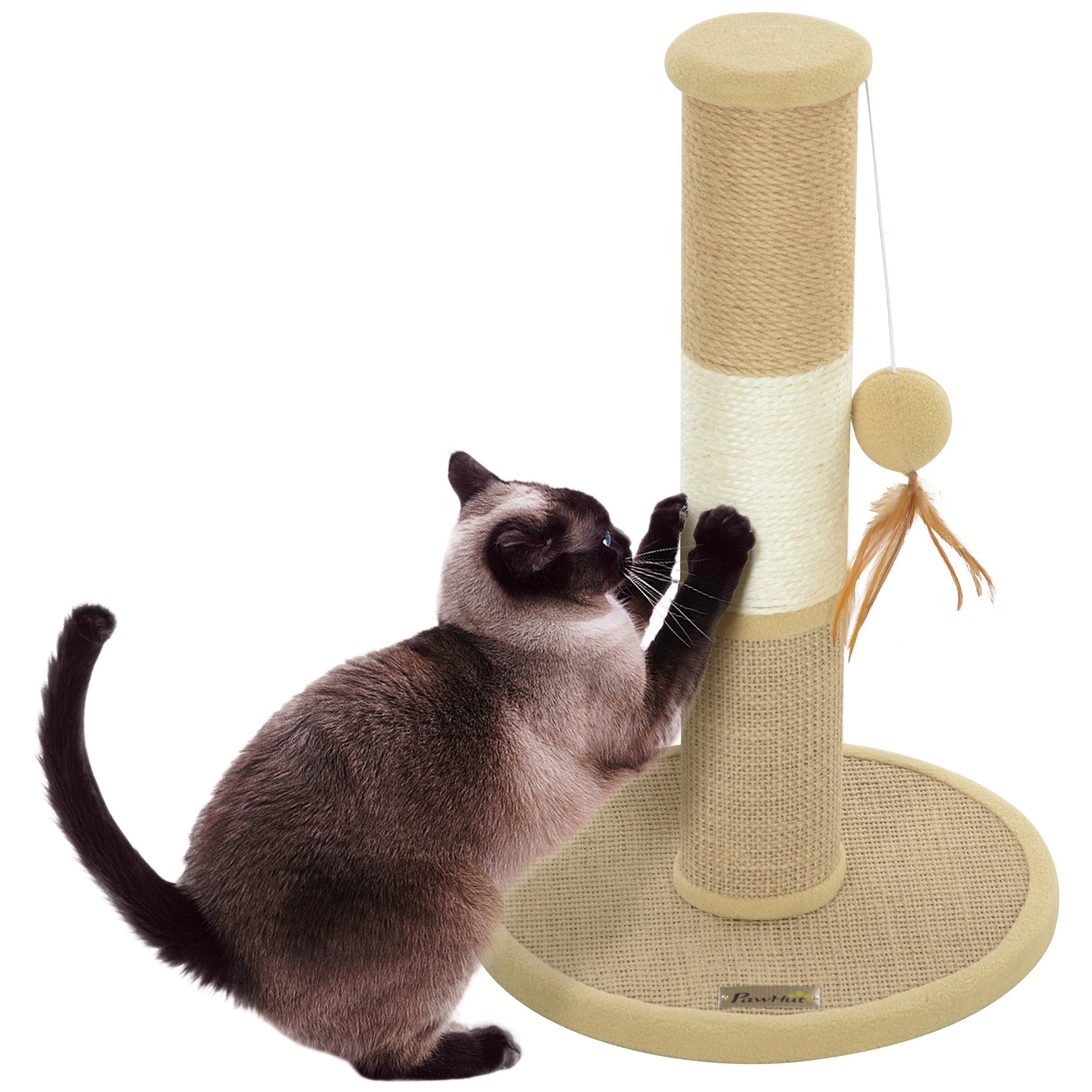 PawHut Cat Scratching Post for Indoor Cats, 47cm Tall Cat Scratcher with Jute Sisal Rope, Hanging Toy Ball, Feather, Brown - North Peak Garden Furniture