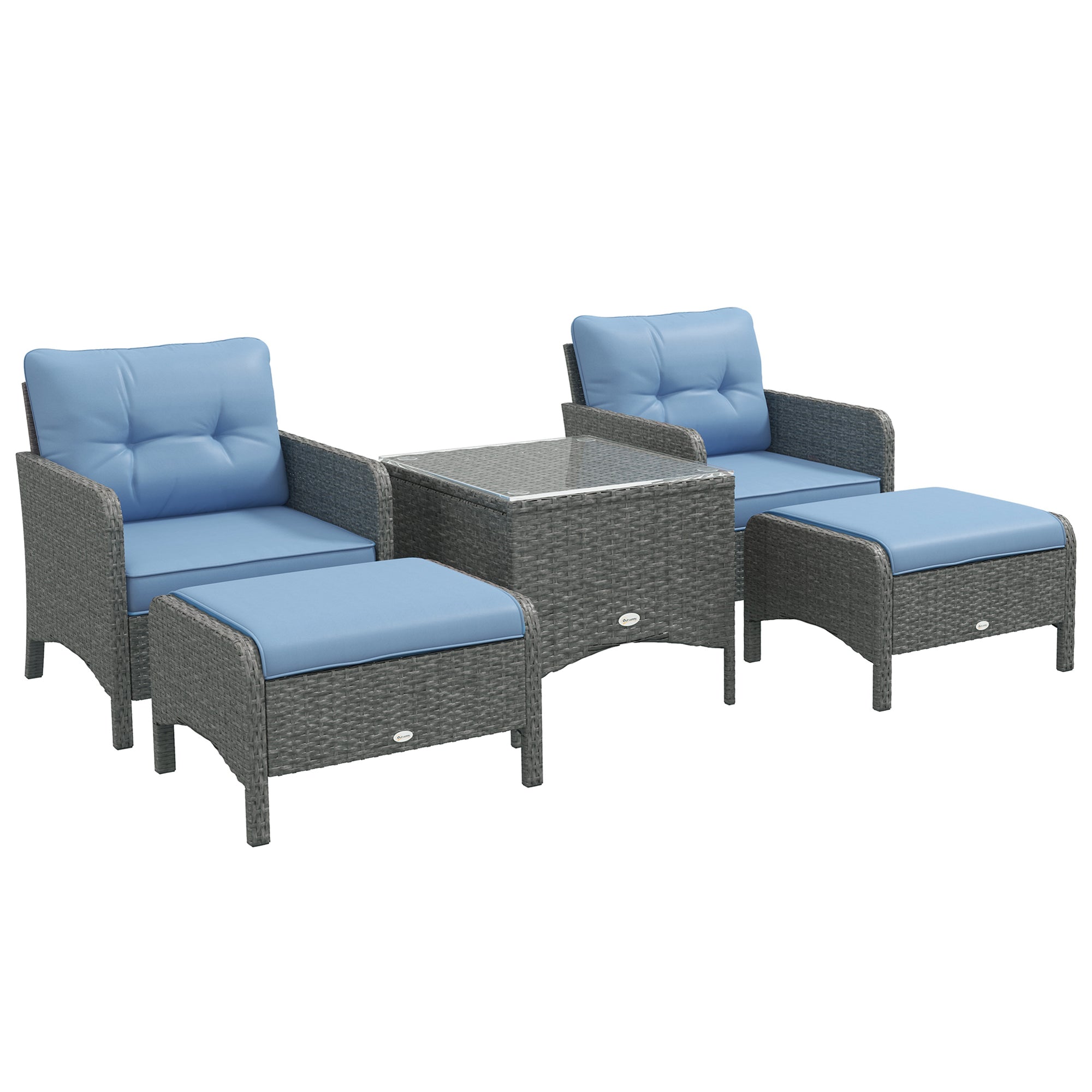 Outsunny 5 Pieces PE Rattan Garden Furniture Set, Wicker Outdoor Sofa Set w/ 2 Armchairs 2 Stools Glass Top Table Cushions, Blue - North Peak Garden Furniture