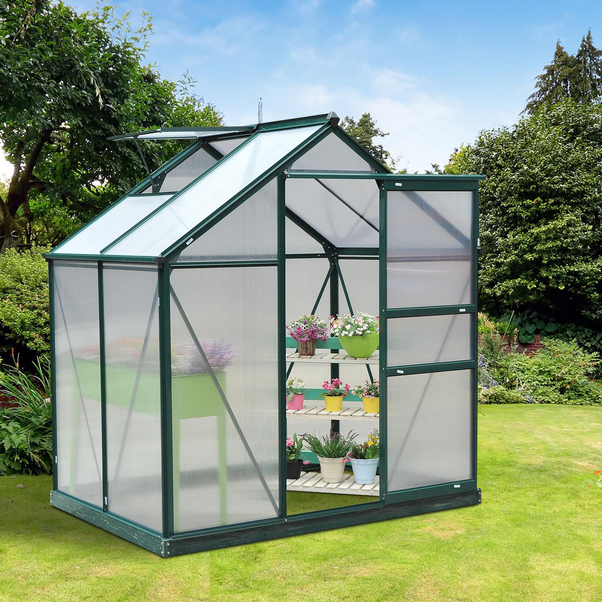 Outsunny 6 x 4ft Polycarbonate Greenhouse, Large Walk-In Green House with Slide Door and Window, Garden Plants Grow House with Aluminium Frame and Foundation, Dark Green - North Peak Garden Furniture