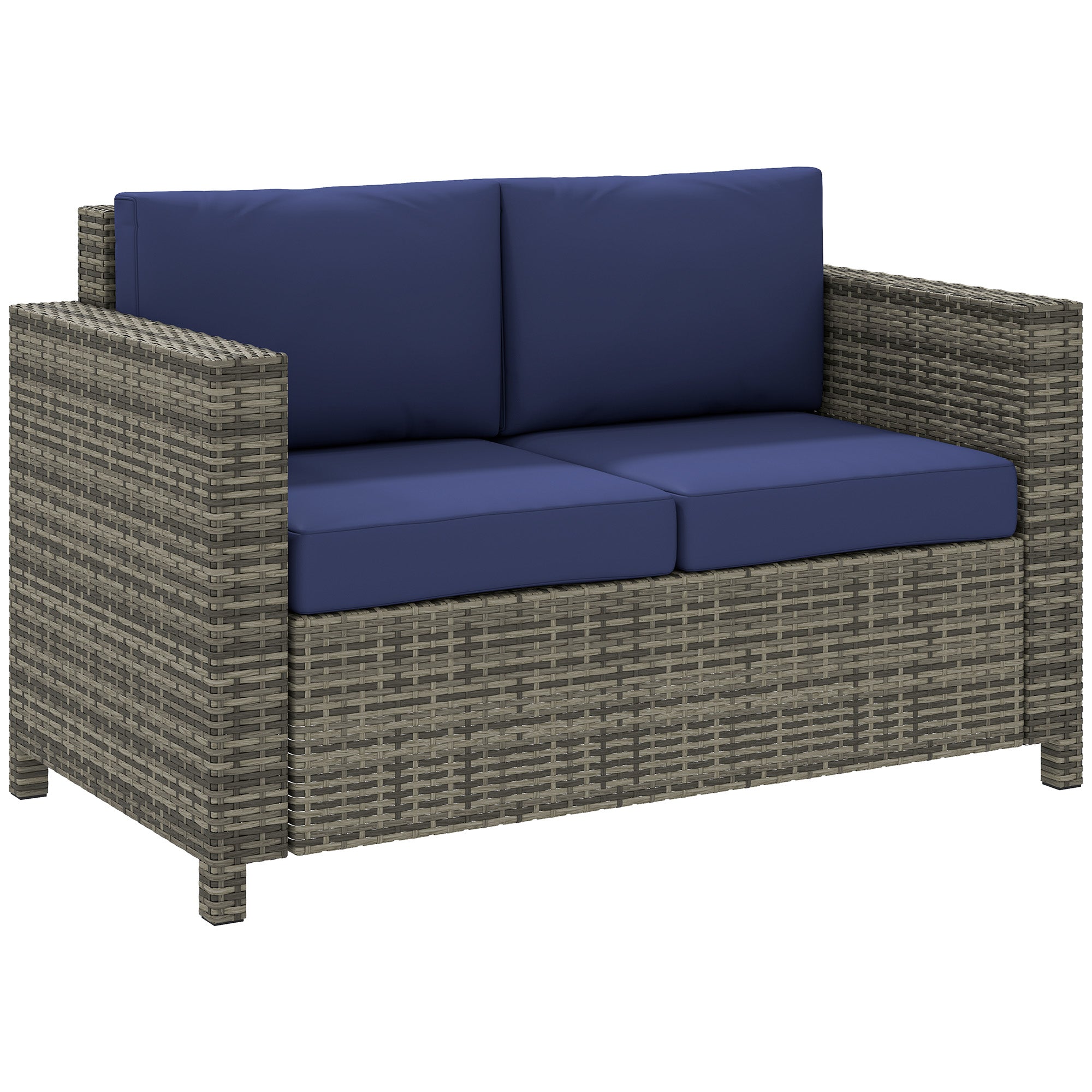 Outsunny 2 Seater Garden Furniture, Rattan Sofa with Soft Padded Cushion and Armrests, Wicker Garden Loveseat for Patio, Navy Blue - North Peak Garden Furniture