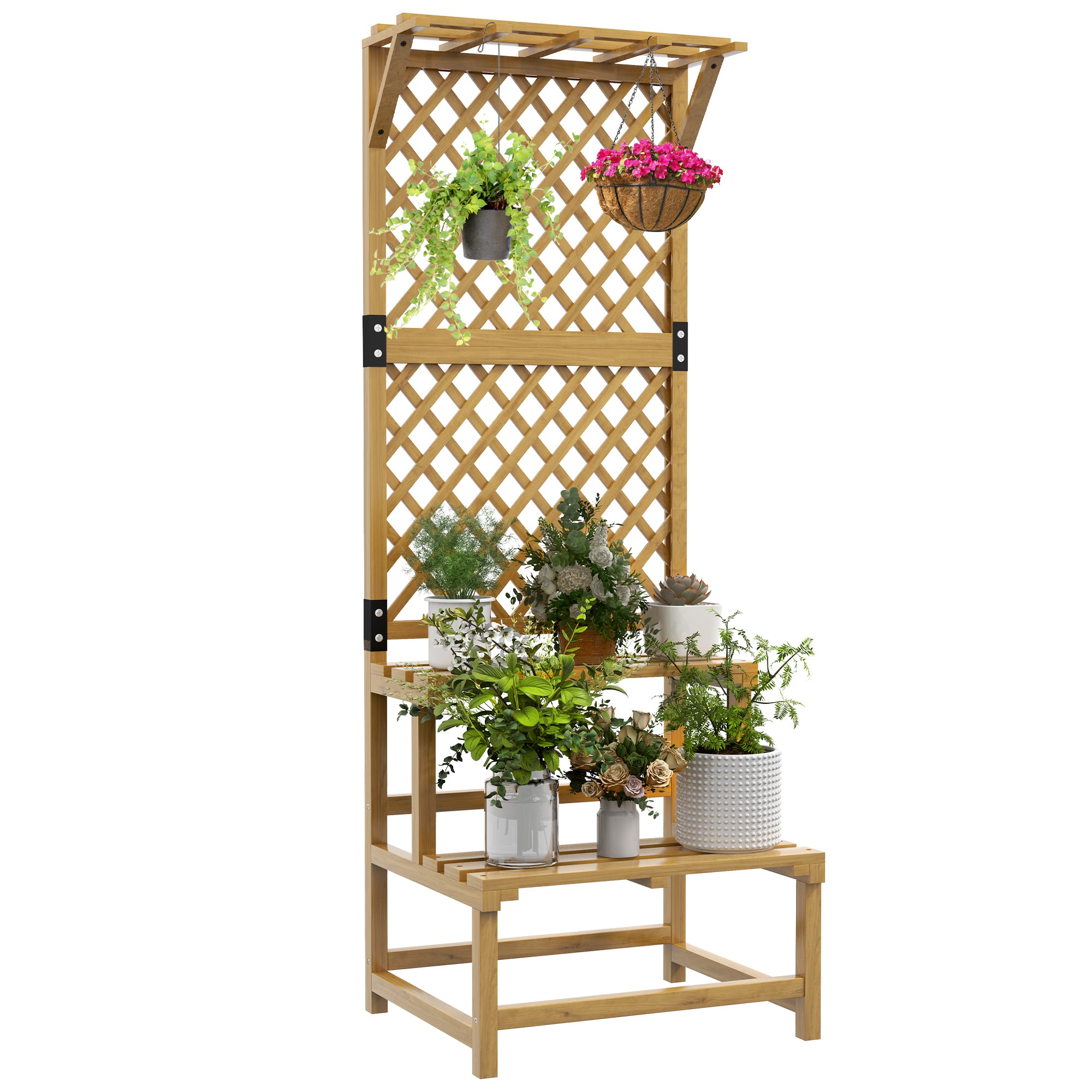 Outsunny Wooden Plant Stand with Trellis, Freestanding Raised Garden Bed for Climbing Plants, Planter Box to Grow Vegetables, Herbs and Flowers for Garden, Patio, Yellow - North Peak Garden Furniture
