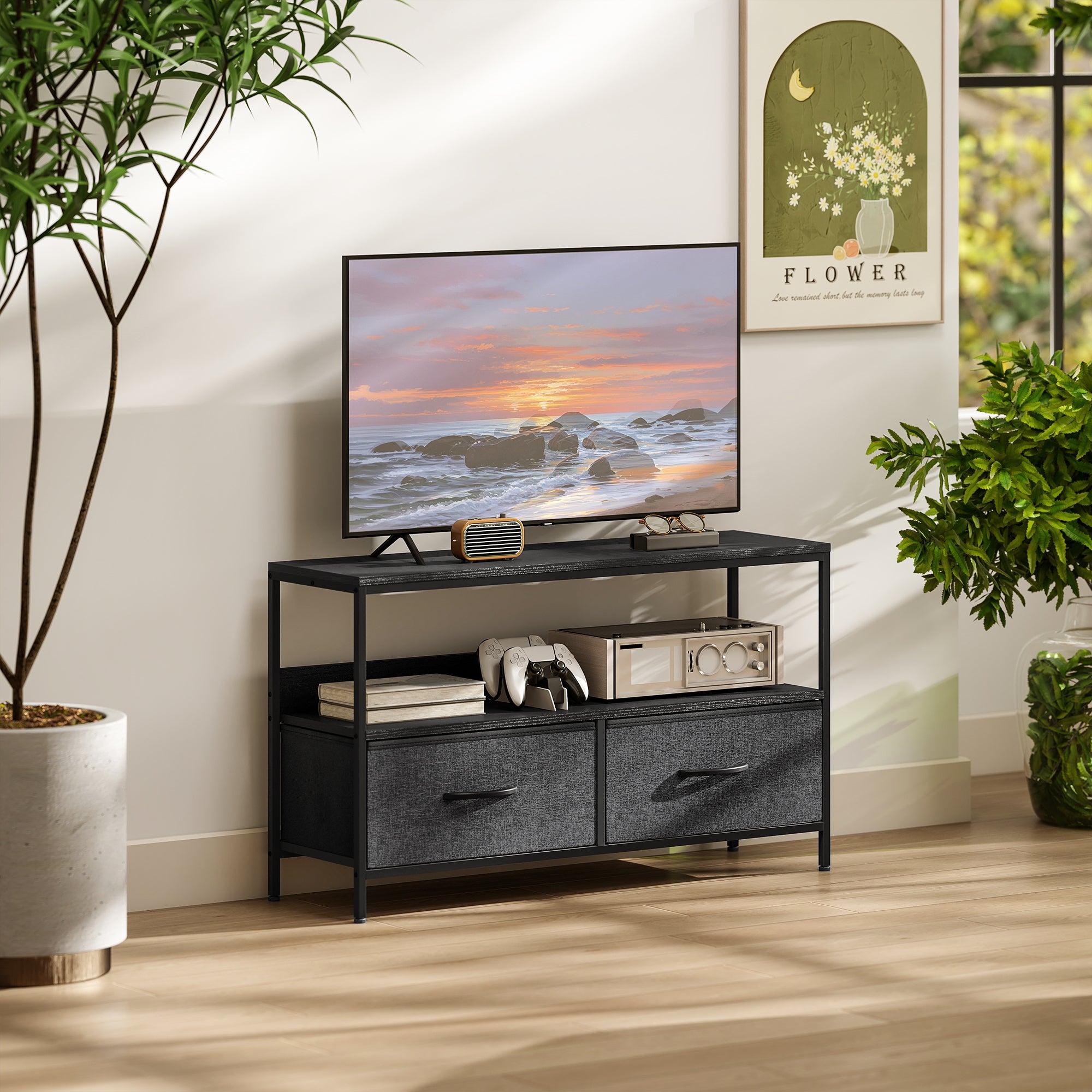 HOMCOM TV Stand Cabinet with 2 Foldable Drawers - Black - North Peak Garden Furniture