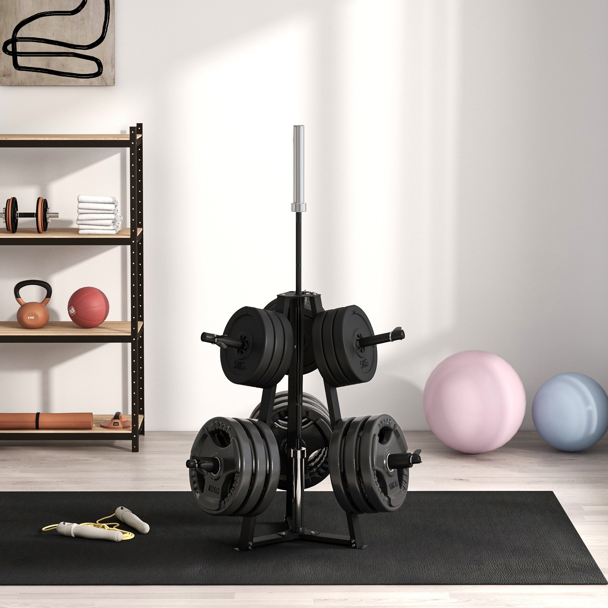 SPORTNOW Weight Tree Weight Rack for 5cm Weight Plates and Barbell Bar with 6 Fasten Clamps, 300kg Capacity - North Peak Garden Furniture