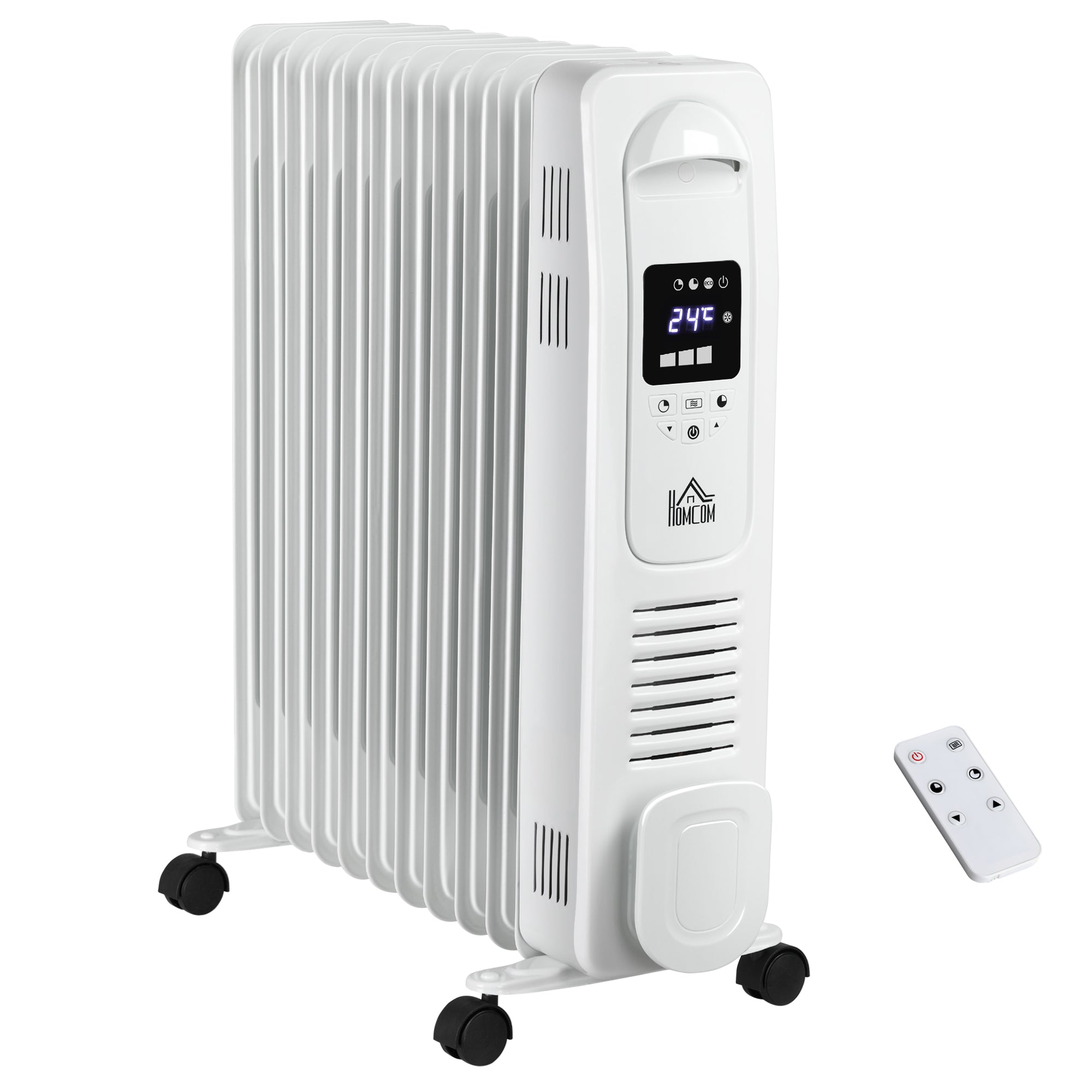 HOMCOM 2500W Digital Display Oil Filled Radiator, 11Fin Portable Electric Heater with Timer, Adjustable Thermostat, Three Heat Settings, Safety Cut Off, Remote, White - North Peak Garden Furniture