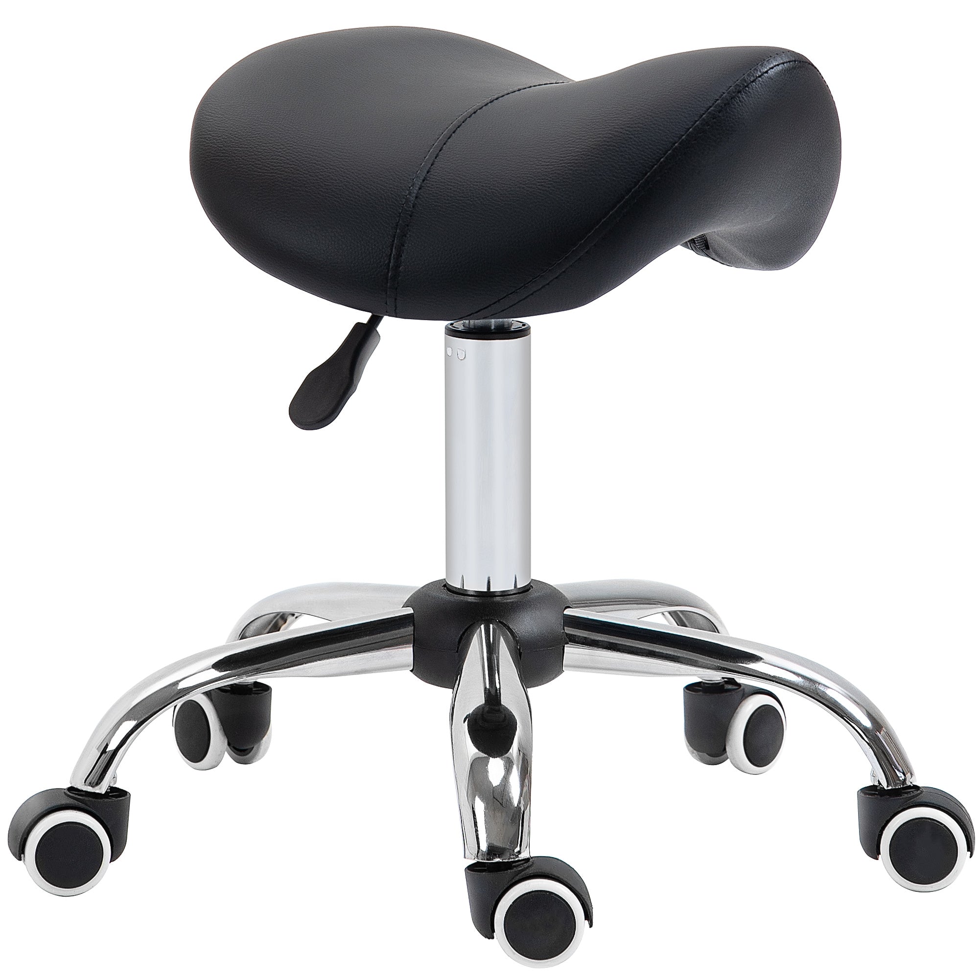 HOMCOM Cosmetic Stool 360° Rotate Height Adjustable Salon Massage Spa Chair Hydraulic Rolling Faux Leather Saddle Stool Mobility, Black - North Peak Garden Furniture