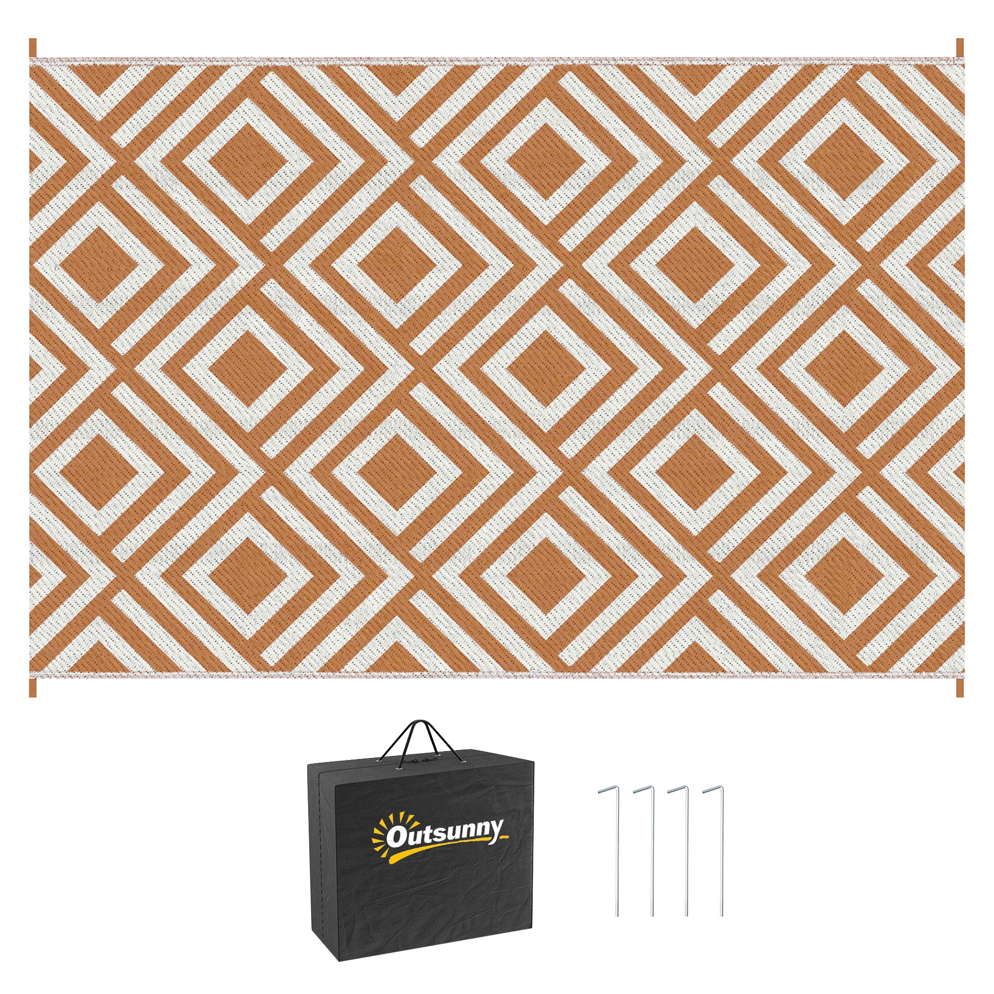 Outsunny Reversible Outdoor Rug, Plastic Straw Mat w/ Carry Bag Ground Stakes for Garden RV Picnic Beach Camping 182x274cm Brown - North Peak Garden Furniture