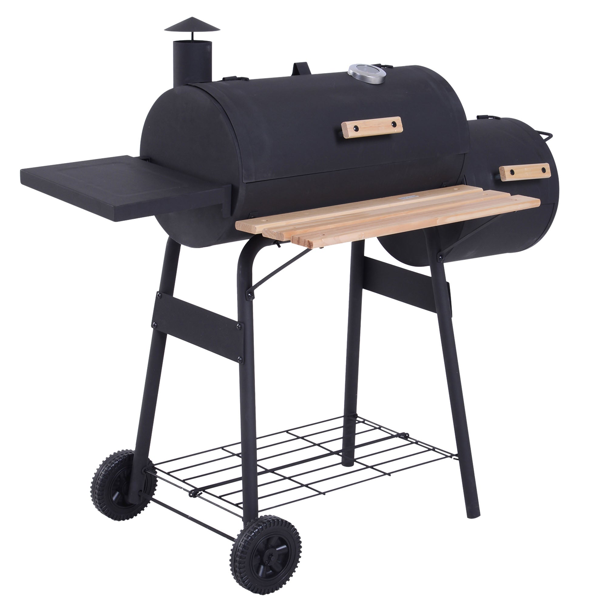 Outsunny Portable Charcoal BBQ Grill, Cold-rolled Steel, Solid Wood, 104H x 124L x53W cm-Black - North Peak Garden Furniture