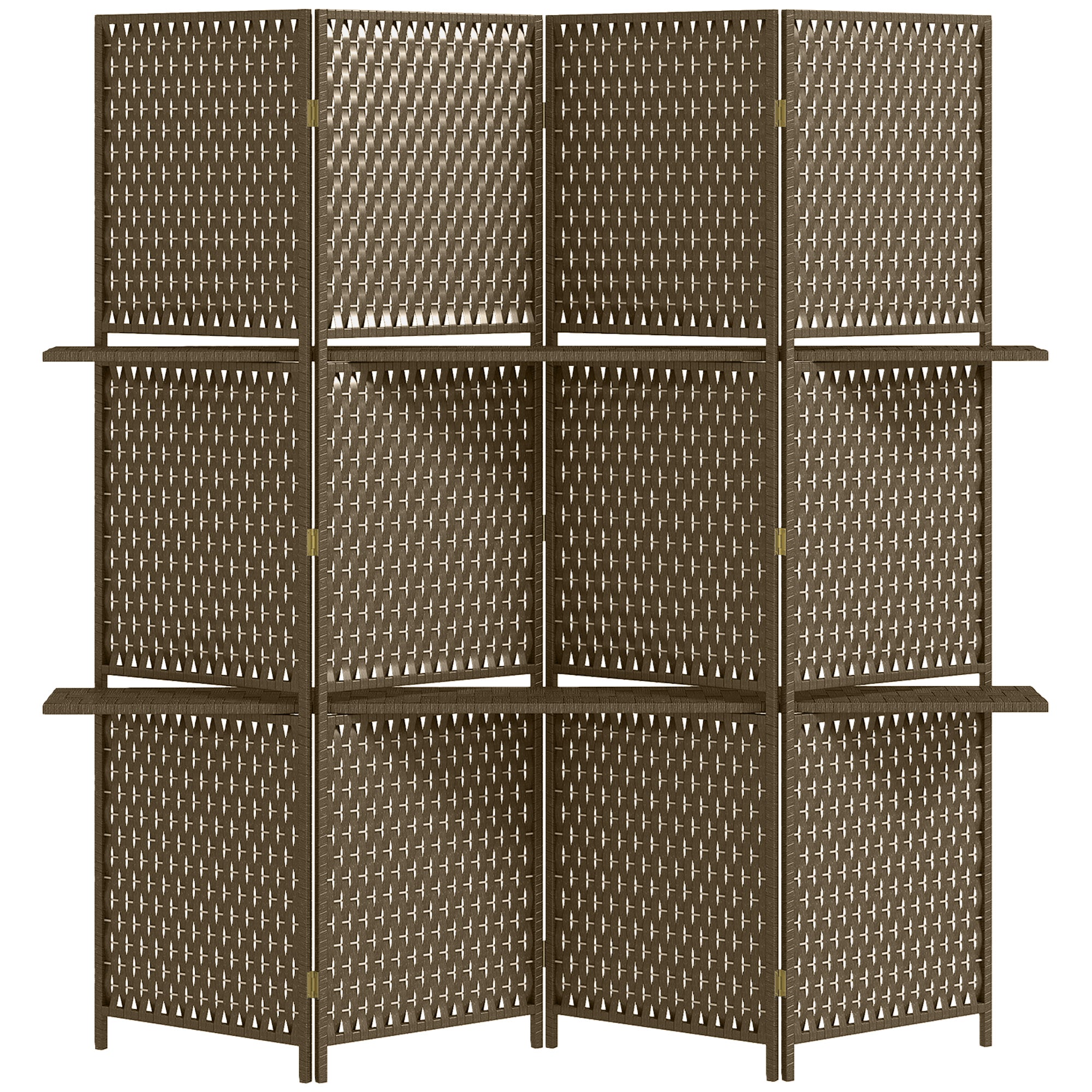 HOMCOM 4-Panel Room Dividers with Shelves, Wave Fibre Freestanding Folding Privacy Screen Panels, Partition Wall Divider for Indoor Bedroom Office, 180 cm, Brown - North Peak Garden Furniture