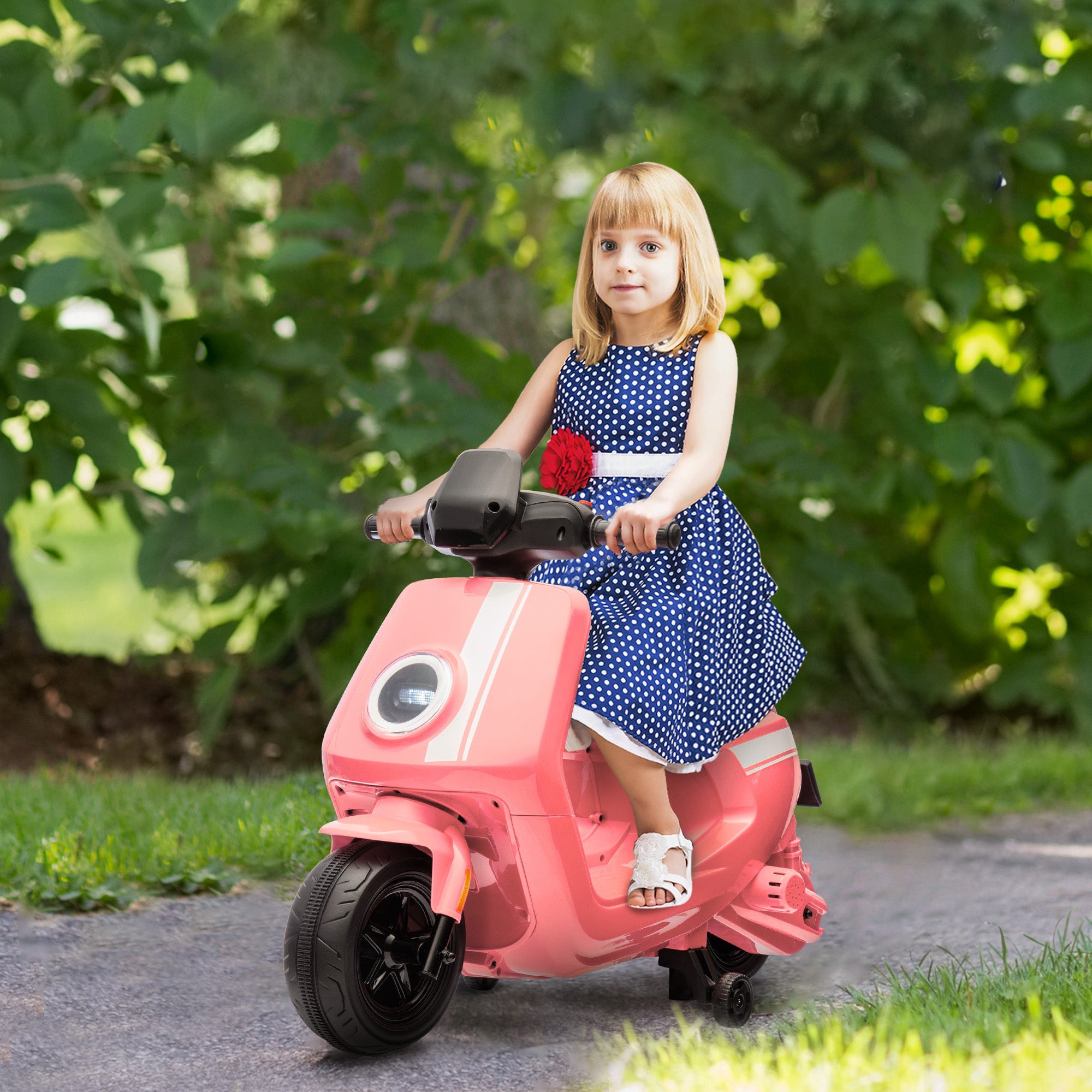 AIYAPLAY 6V Ride on Motorbike Kids Electric Motorbike w/ Headlight Music, Training Wheels, for Ages 18-36 Months - Pink - North Peak Garden Furniture