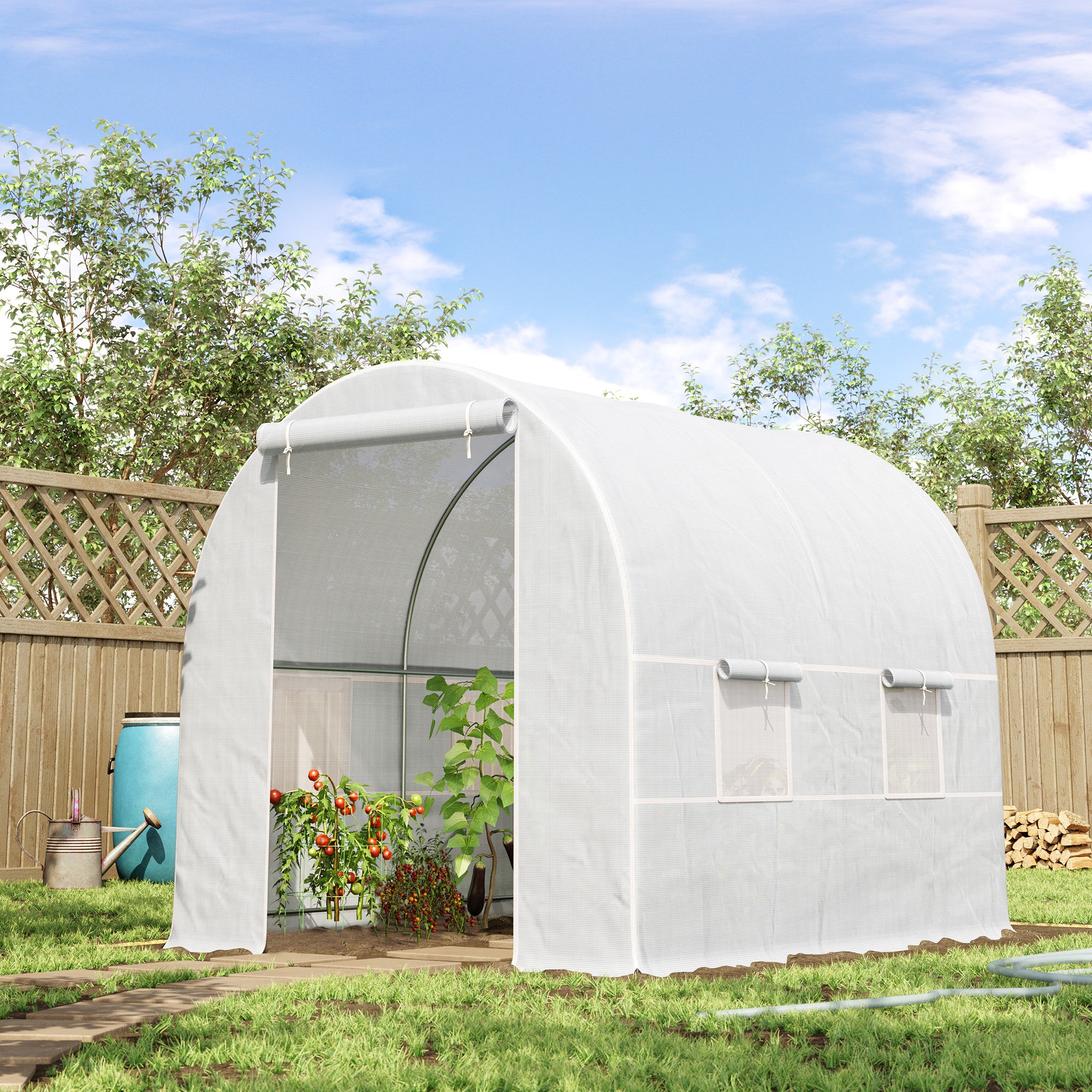 Outsunny 2.5 x 2 x 2 m Polytunnel Greenhouse, Walk-in Green House for Garden with Mesh Windows, Galvanised Steel Frame, White - North Peak Garden Furniture