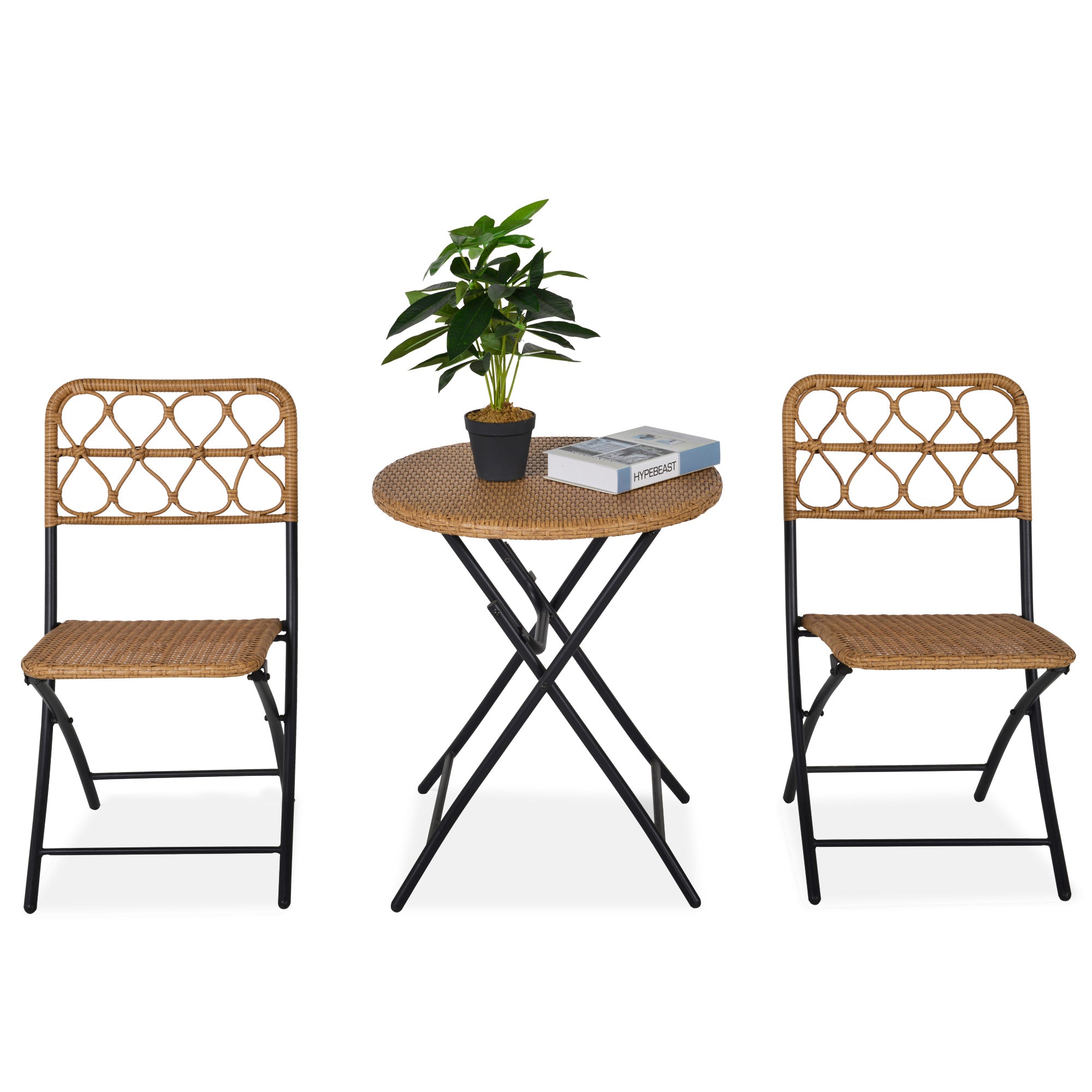 Outsunny 2 Seater Foldable Rattan Wicker Bistro Set, Coffee Table and Chairs, Natural - North Peak Garden Furniture
