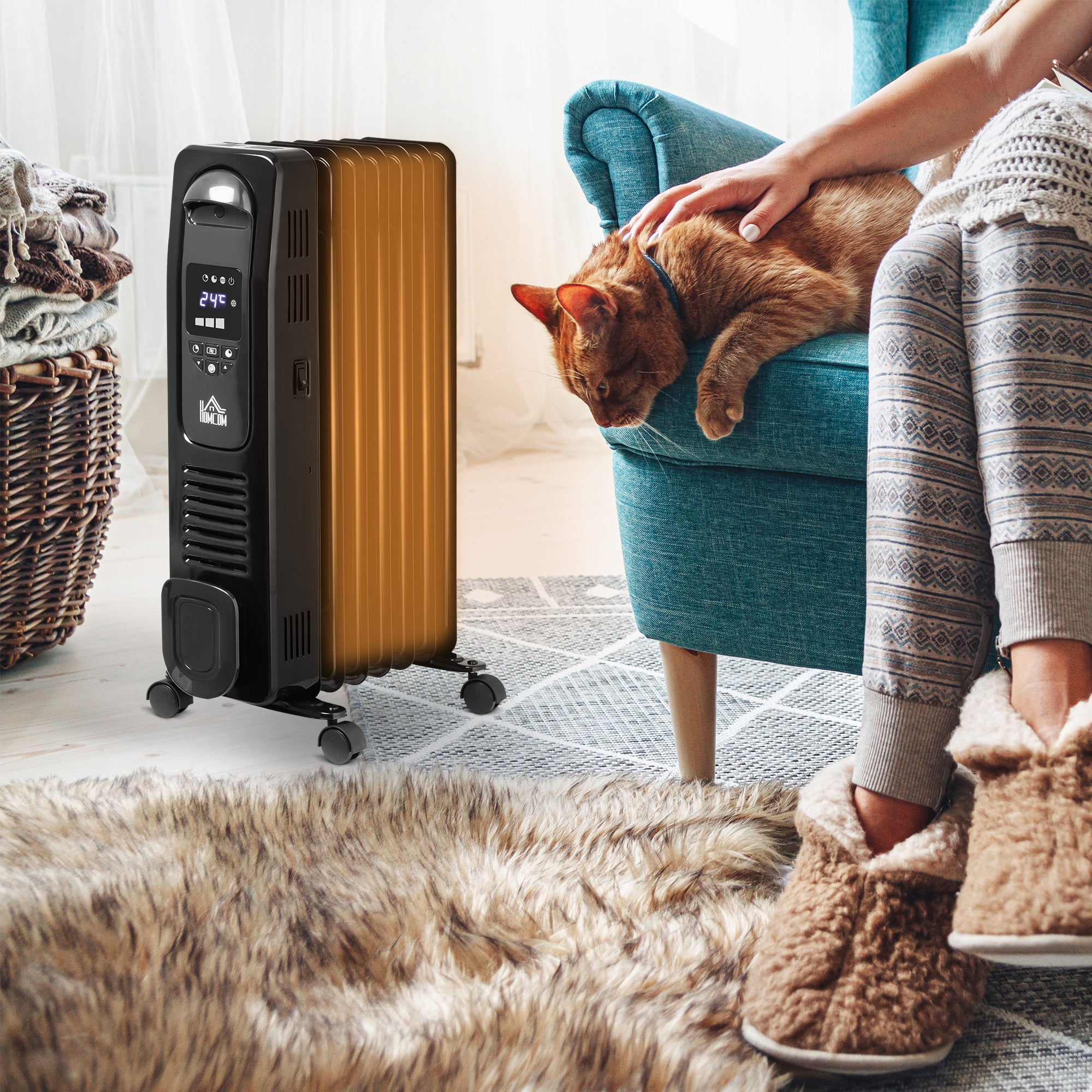 HOMCOM 1500W Digital Oil Filled Radiator, 7 Fin, Portable Electric Heater with LED Display, Built-in Timer, 3 Heat Settings, Safety Cut-Off and Remote Control, Black - North Peak Garden Furniture