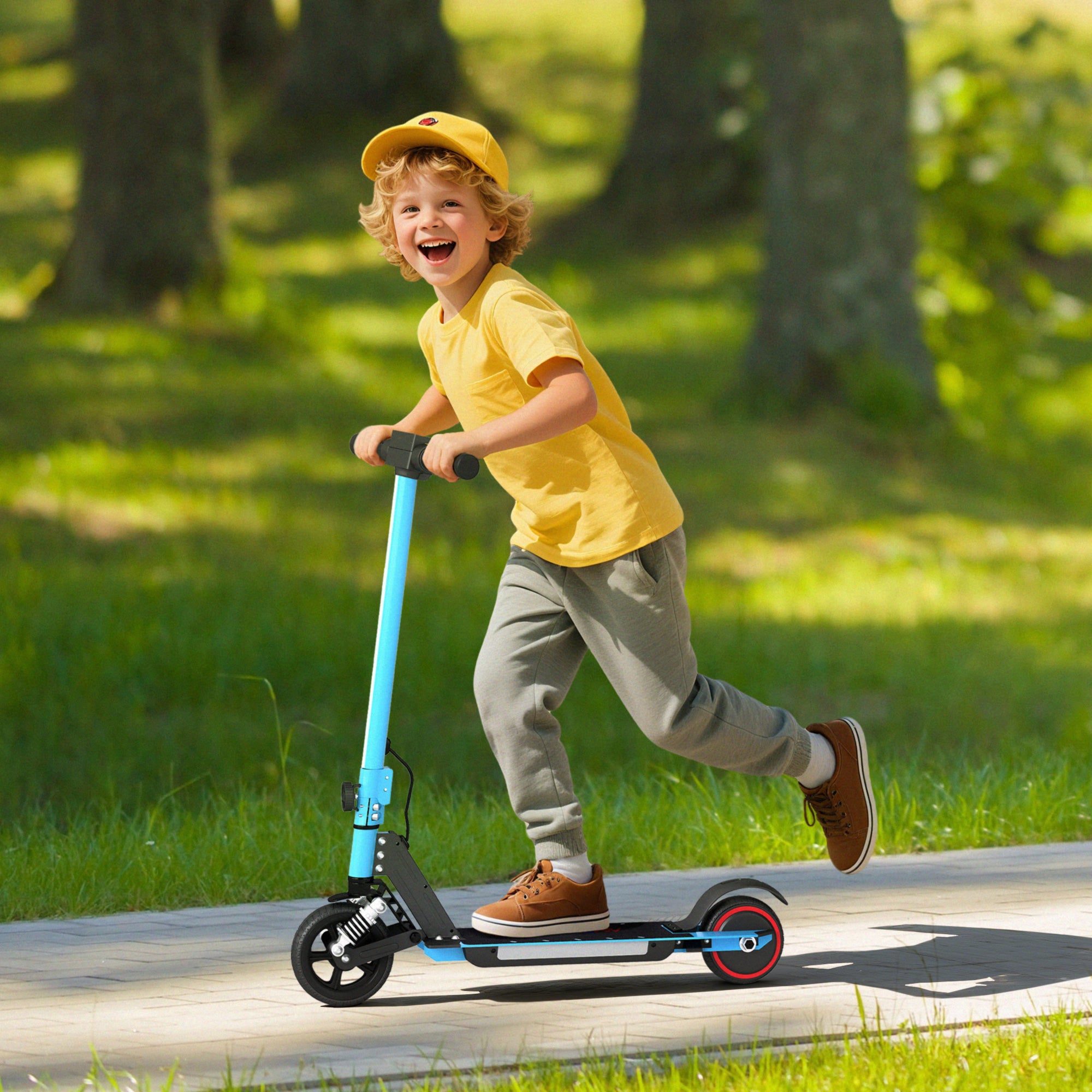 SPORTNOW Folding Electric Scooter for Kids Age 6-14 with Dual Brakes, Front Suspension, LED Colourful Lights and Display, 6.8kg Lightweight Aluminium E Scooter, Up to 14 KM/H & 6 KM, Blue - North Peak Garden Furniture