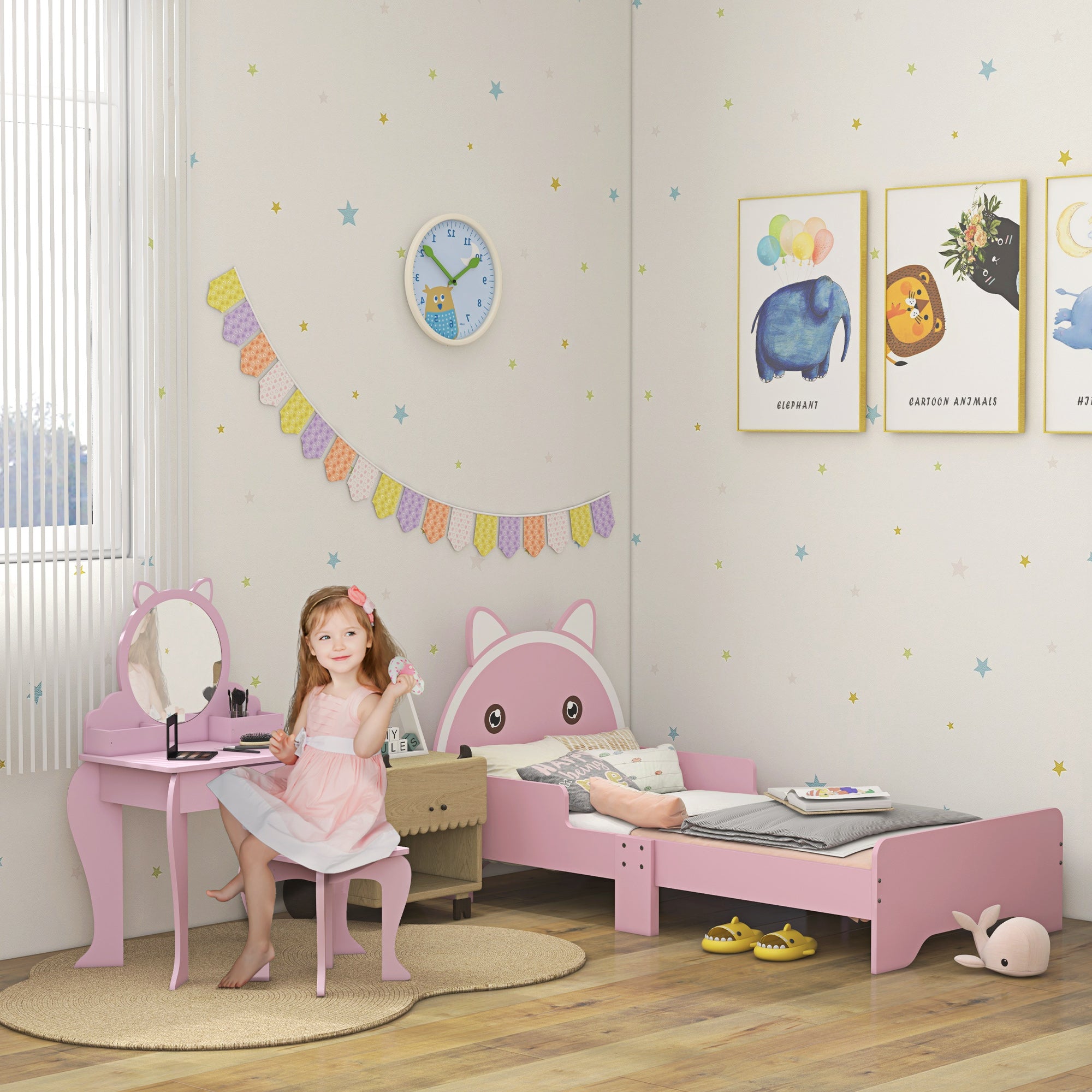 ZONEKIZ Wooden Kids Bedroom Furniture Set with Kids Dressing Table, Stool, Bed, for 3-6 Years, Cat-Design - North Peak Garden Furniture