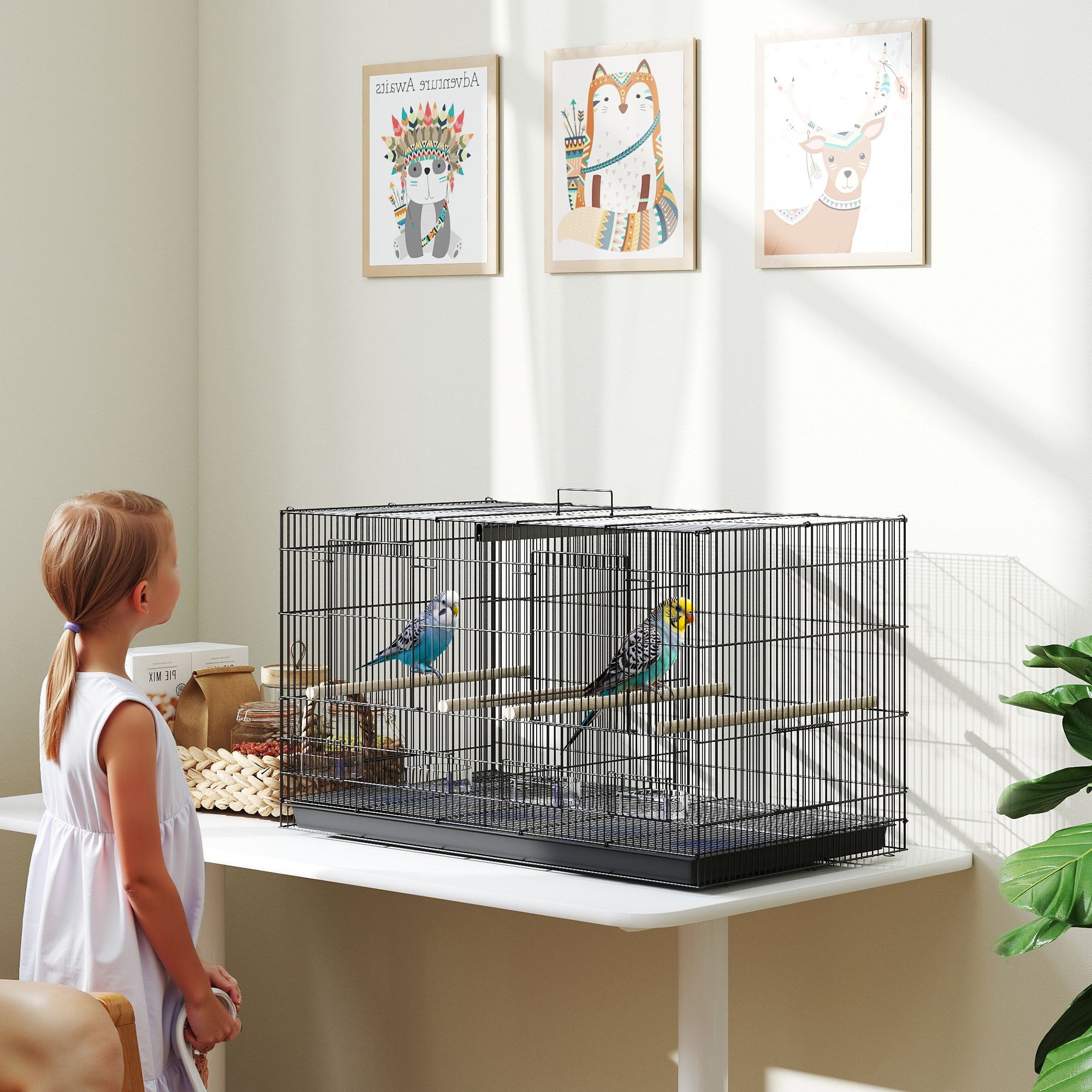 PawHut Bird Cage with Divider, 4 Wooden Perches, Slide Out Tray, 4 Feeders, for Budgie, Lovebird, Canary, 76 x 46 x 46cm, Black - North Peak Garden Furniture