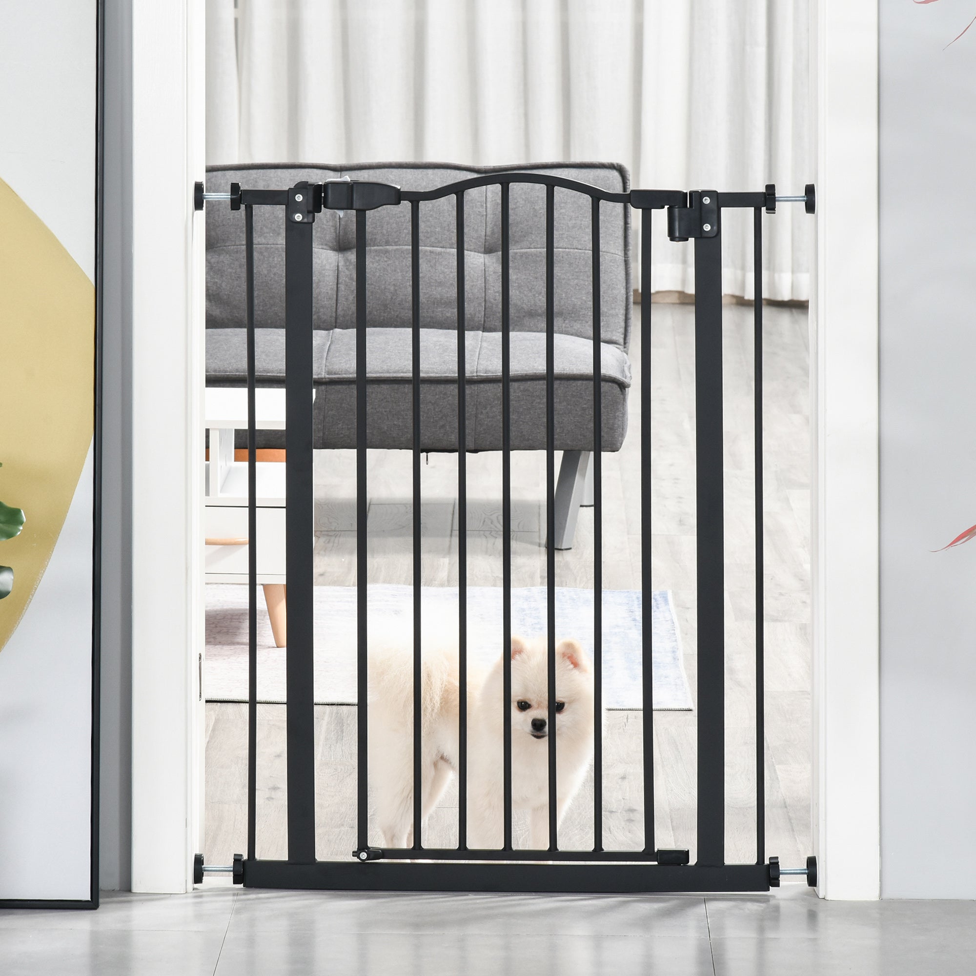 PawHut Pressure Fit Dog Stair Gate No Drilling Safety Gate Auto Close for Doorways, Hallways, 74-80cm Adjustable, 94cm Tall, Black - North Peak Garden Furniture