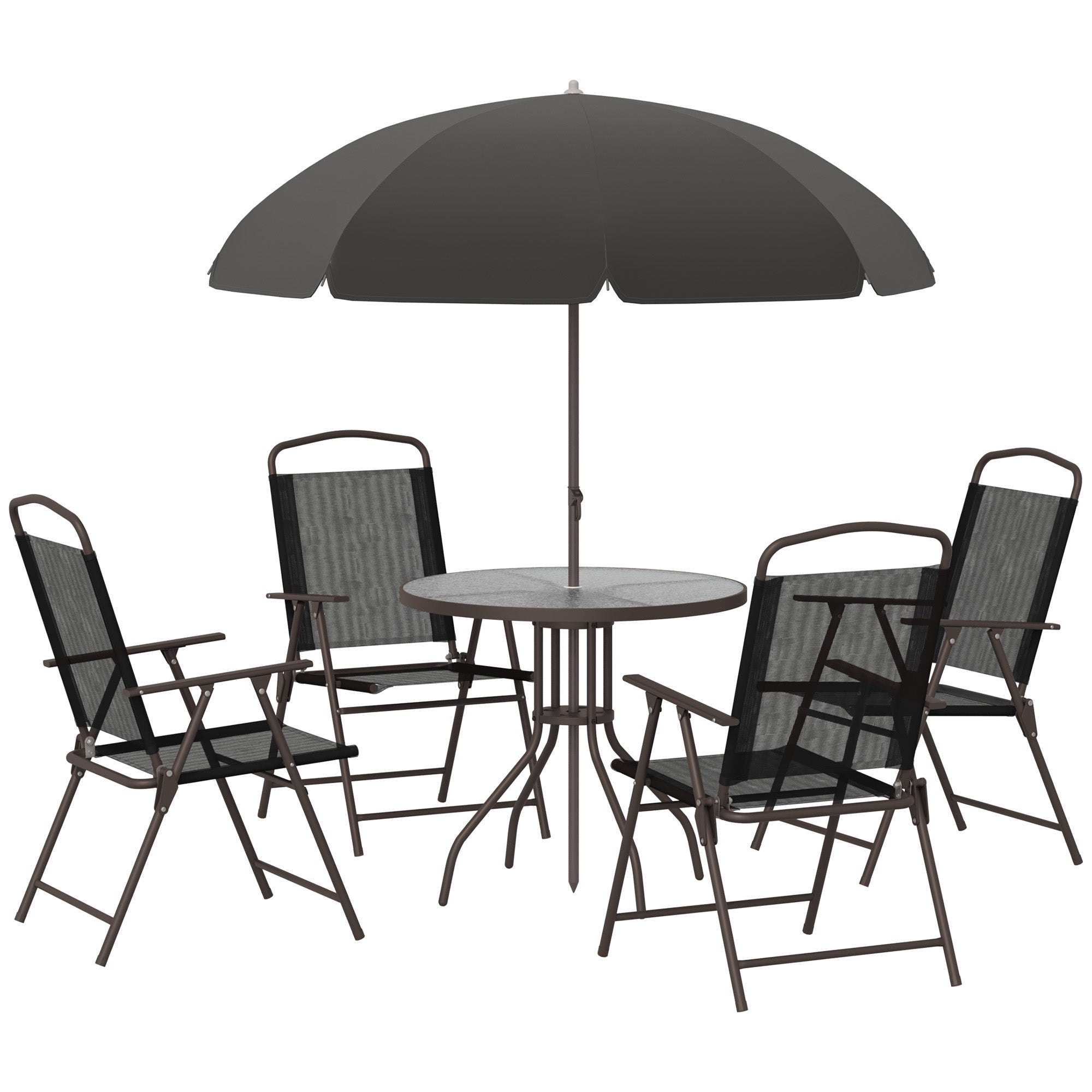 Outsunny 6 Piece Garden Dining Set with Umbrella, Patio Sets with Parasol with 4 Folding Dining Chairs & Round Tempered Glass Table, Black - North Peak Garden Furniture