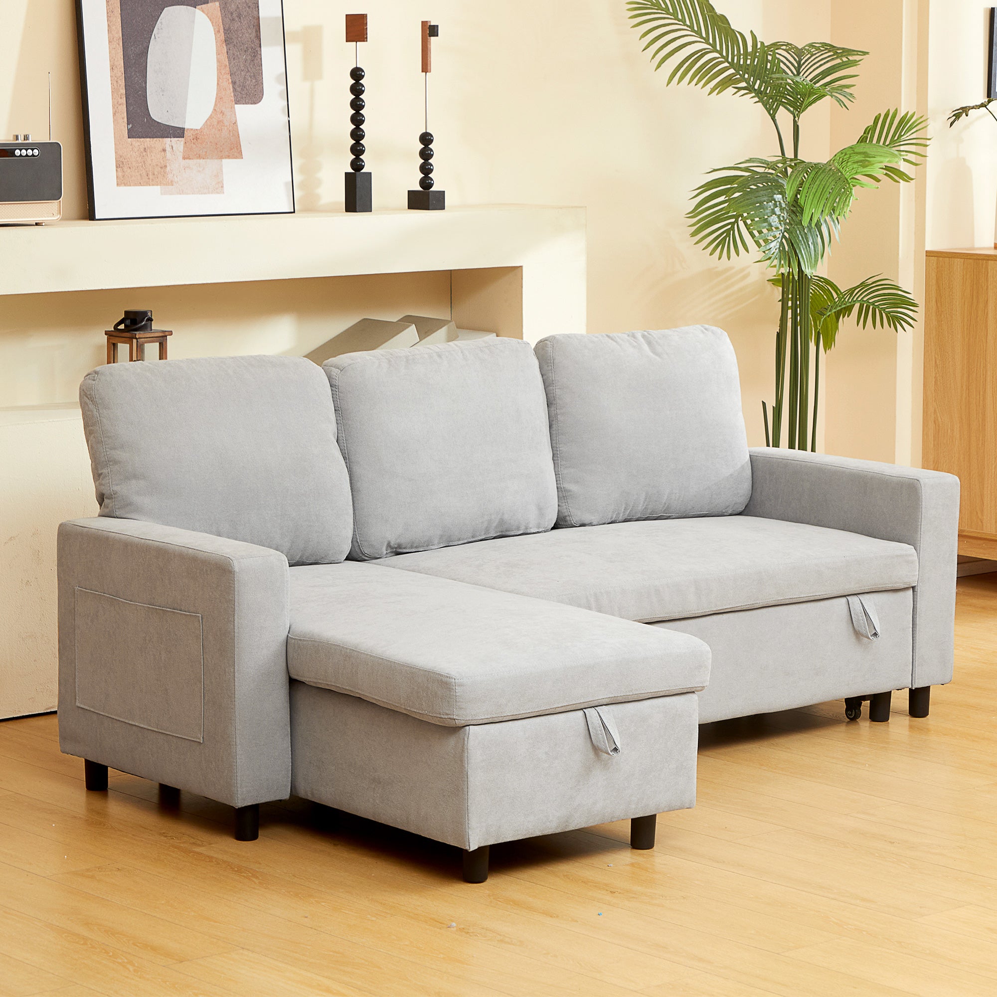 HOMCOM L Sofa Bed, with Storage - Light Grey - North Peak Garden Furniture
