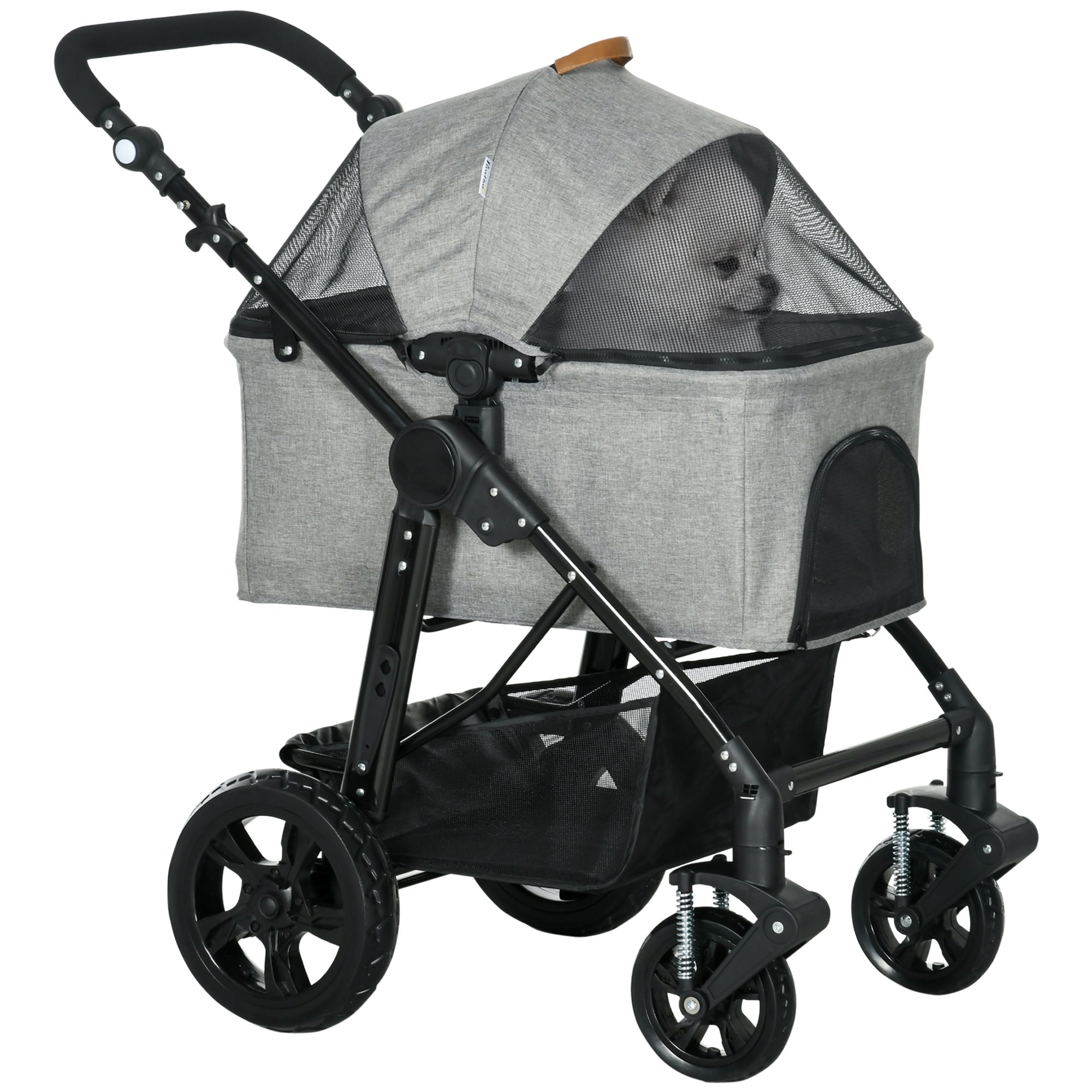 PawHut Dog Pram Pet Stroller for Small Dogs Cats, Foldable Dog Pushchair Trolley with Detachable Pet Carrier Bag, Shock Absorber, Adjustable Handlebar, Grey - North Peak Garden Furniture