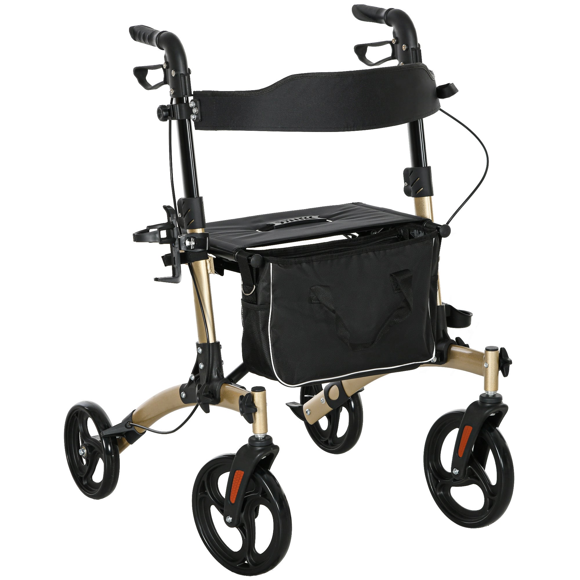 HOMCOM Folding Rollator with Cane Holder, Adjustable Handle Height and Aluminum Frame, 4 Wheeled Mobility Walker with Seat and Bag, Gold - North Peak Garden Furniture