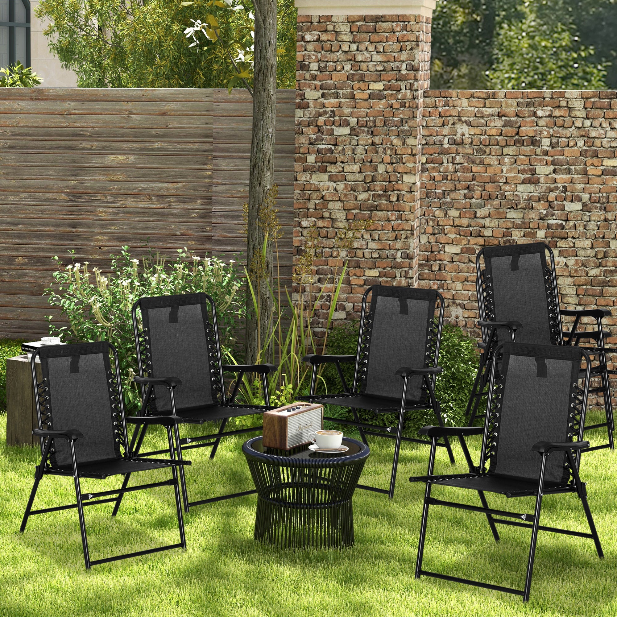 Outsunny 6 Pcs Patio Folding Chair Set, Outdoor Portable Loungers for Camping Pool Beach Deck, Lawn w/ Armrest Steel Frame Black - North Peak Garden Furniture