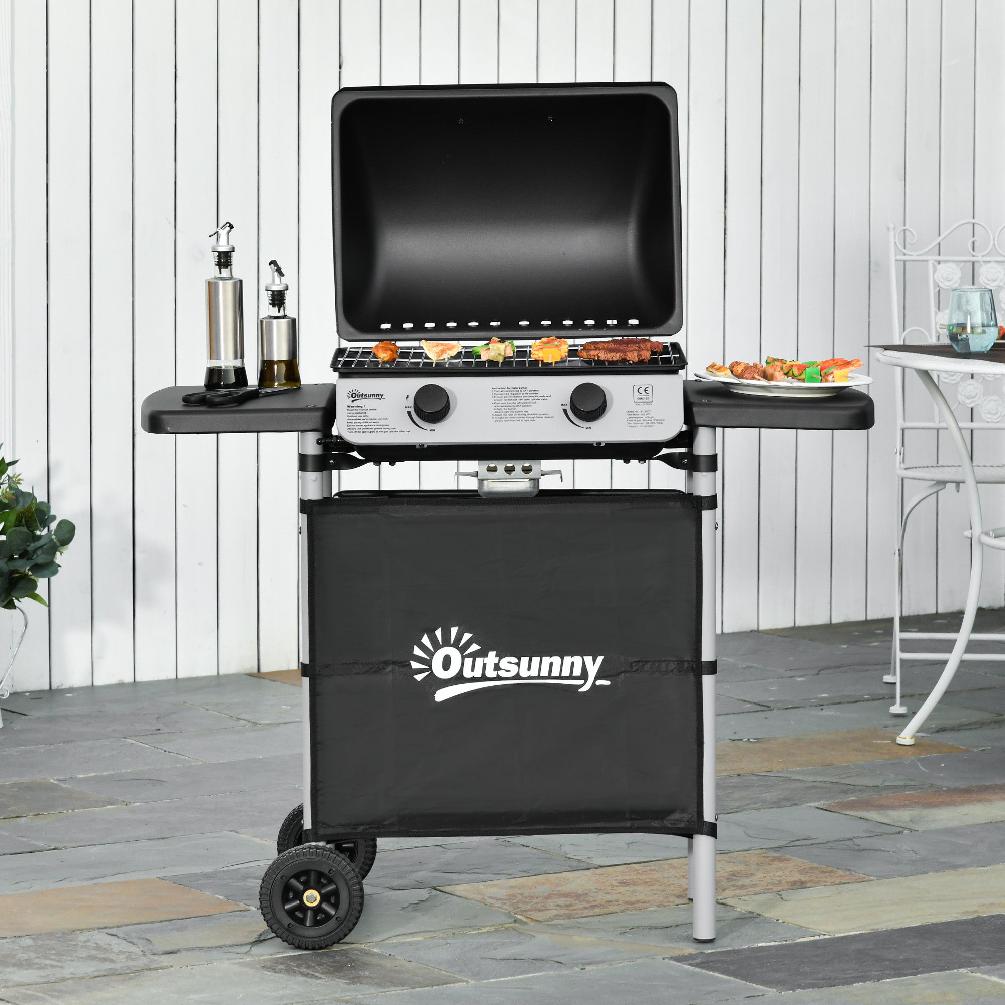 Outsunny 2 Burner Gas BBQ Trolley with Lid, 5.6 kW Gas Barbecue Grill with Wheels, Side Shelves, Grey - North Peak Garden Furniture