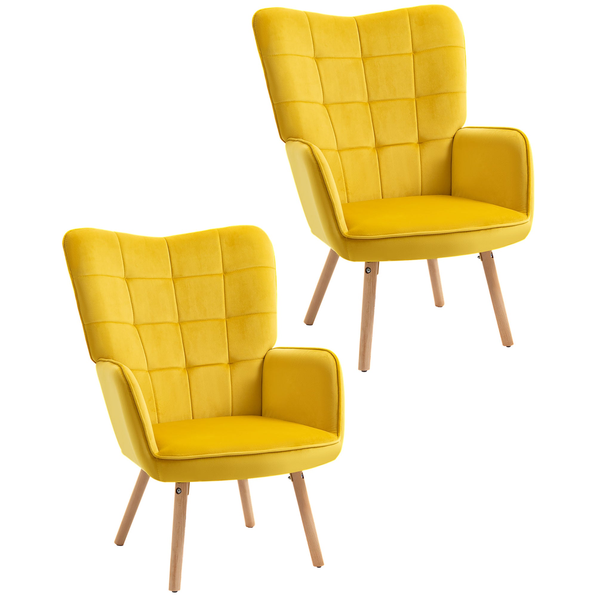 HOMCOM Modern Accent Chair Velvet-Touch Tufted Wingback Armchair Upholstered Leisure Lounge Sofa Club Chair with Wood Legs, Set of 2, Yellow - North Peak Garden Furniture