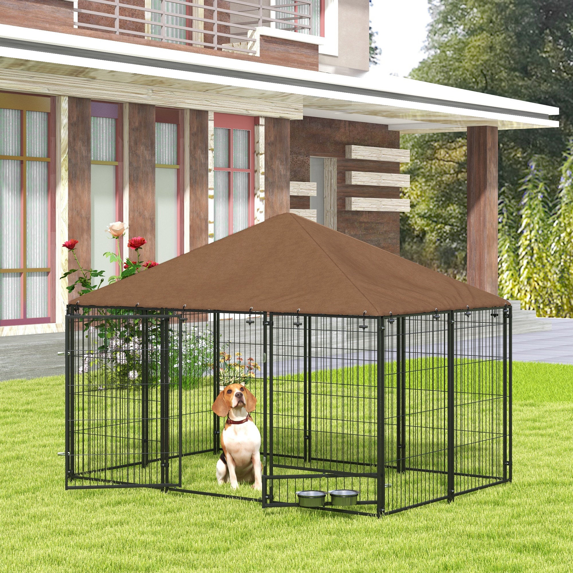 PawHut Outdoor Dog Kennel Puppy Play Pen with Canopy Garden Playpen Fence Crate Enclosure Cage Rotating Bowl 211 x 141 x 151 cm - North Peak Garden Furniture