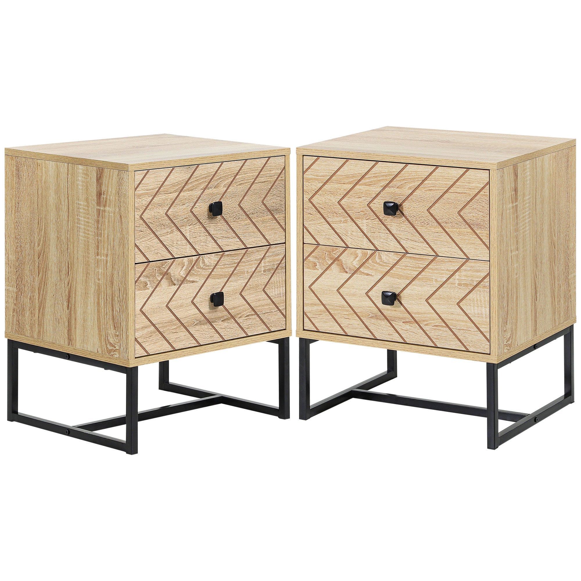 HOMCOM Bedside Table Nightstand Two-Drawer Bedroom Storage Unit Zig Zag Design with Black Metal Handles, Set of 2, Natural - North Peak Garden Furniture