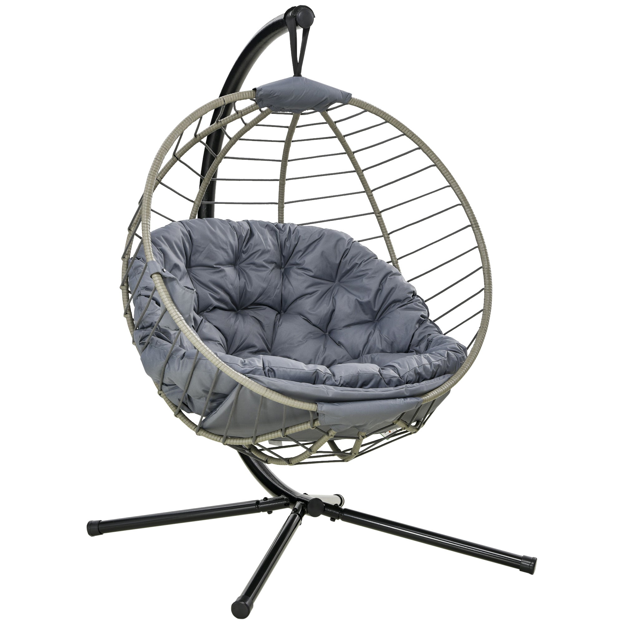 Outsunny PE Rattan Swing Chair, Outdoor Hanging Chair with Metal Stand, Thick Padded Cushion, Foldable Basket and Cup Holder, for Indoor and Outdoor, Grey - North Peak Garden Furniture