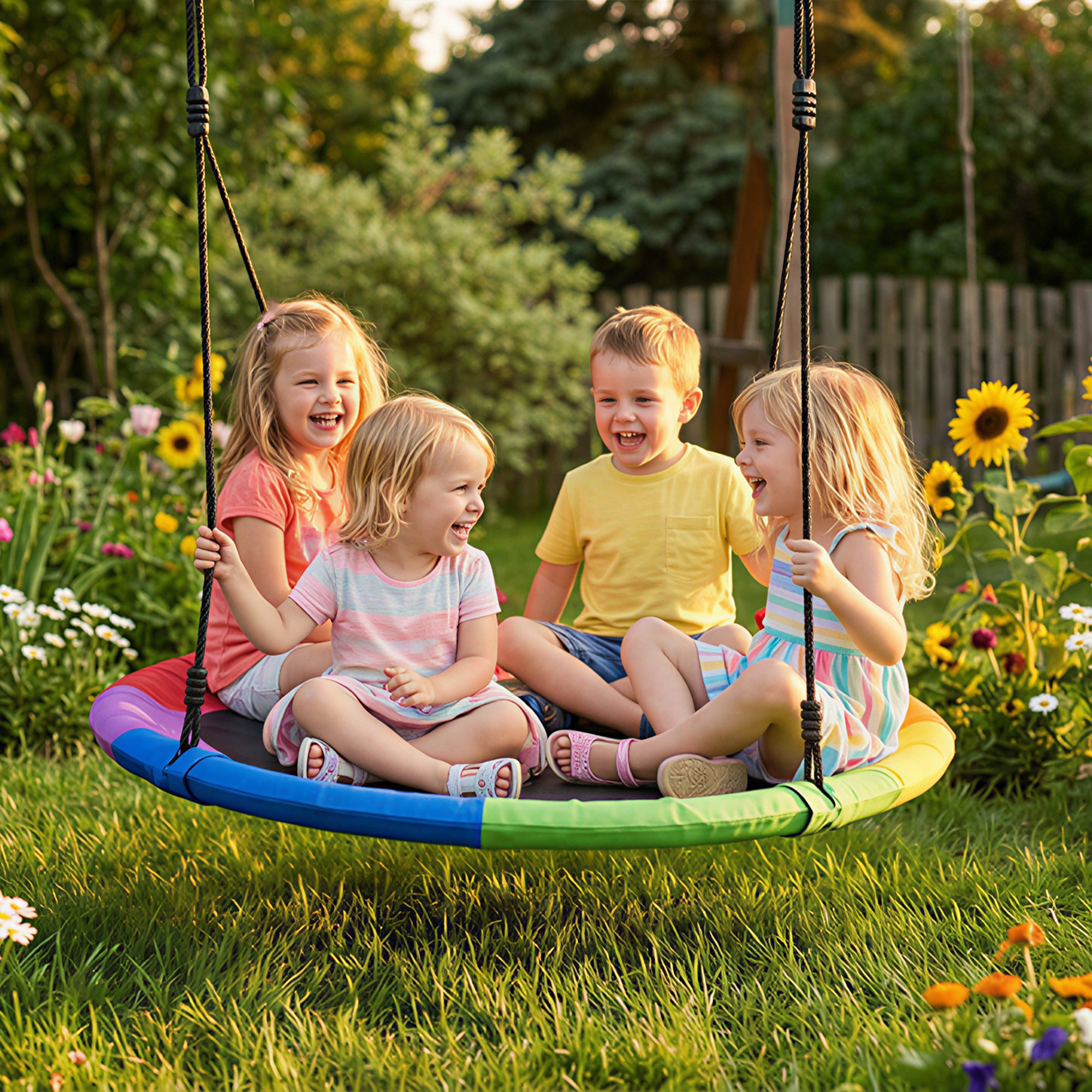 AIYAPLAY Tree Swing Seat, 120cm Kids Saucer Swing with Adjustable Ropes and Tree Straps, 300kg Capacity, Multicolour