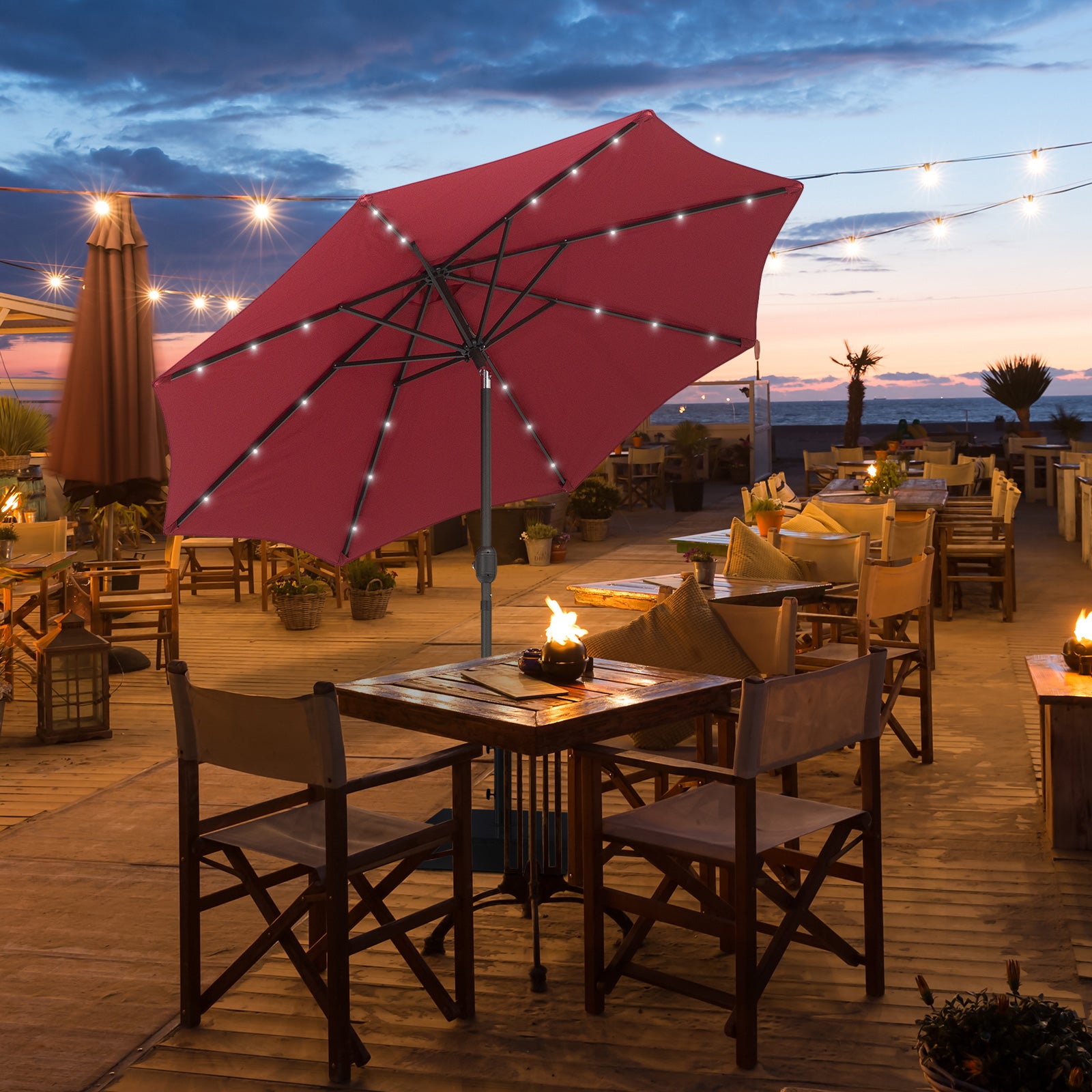 Outsunny 2.7m Patio Garden Umbrella Outdoor Parasol with Tilt Crank and 24 LEDs Lights (Red) - North Peak Garden Furniture