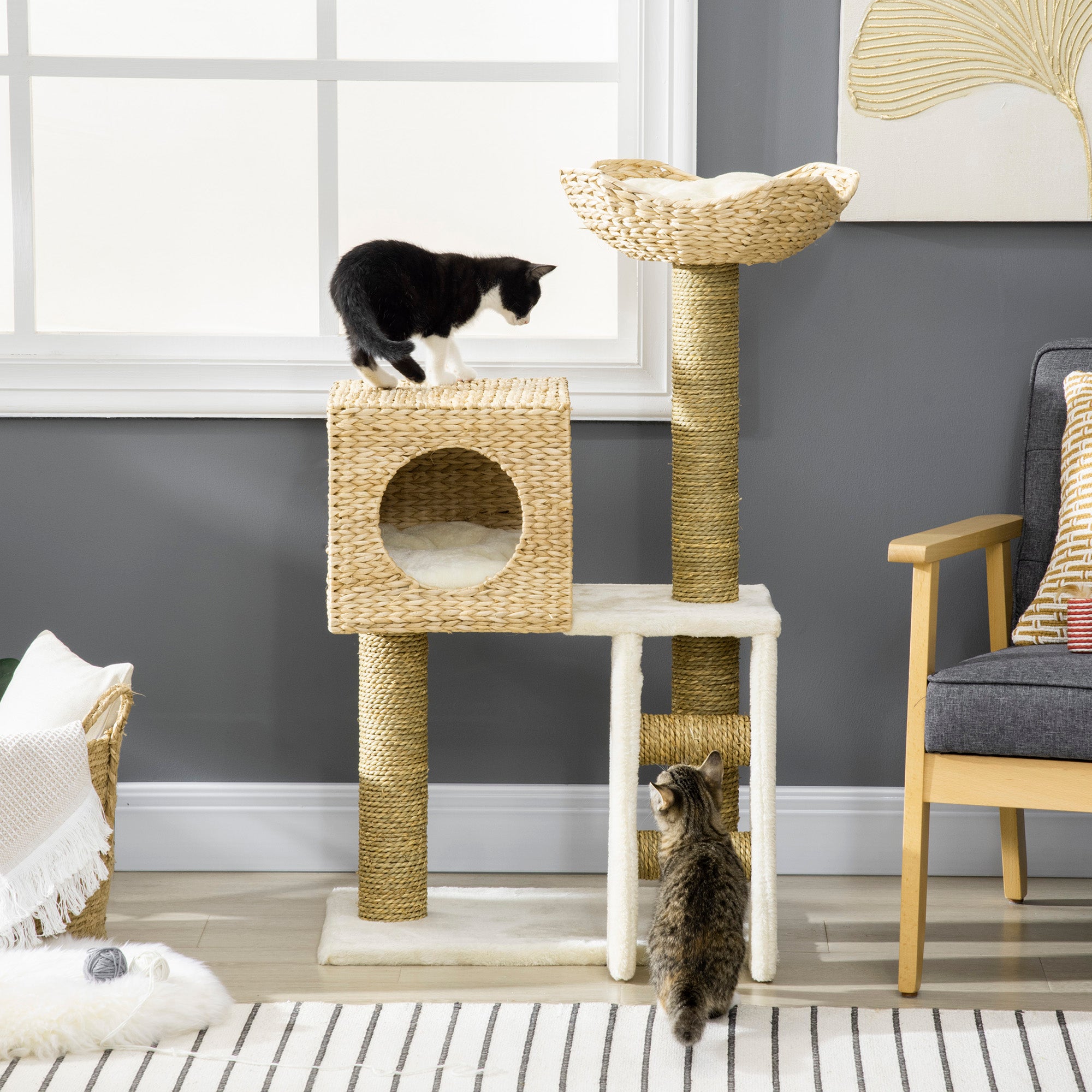PawHut Cat Tree, with Scratching Posts, Bed, Cat House - Natural Finish - North Peak Garden Furniture