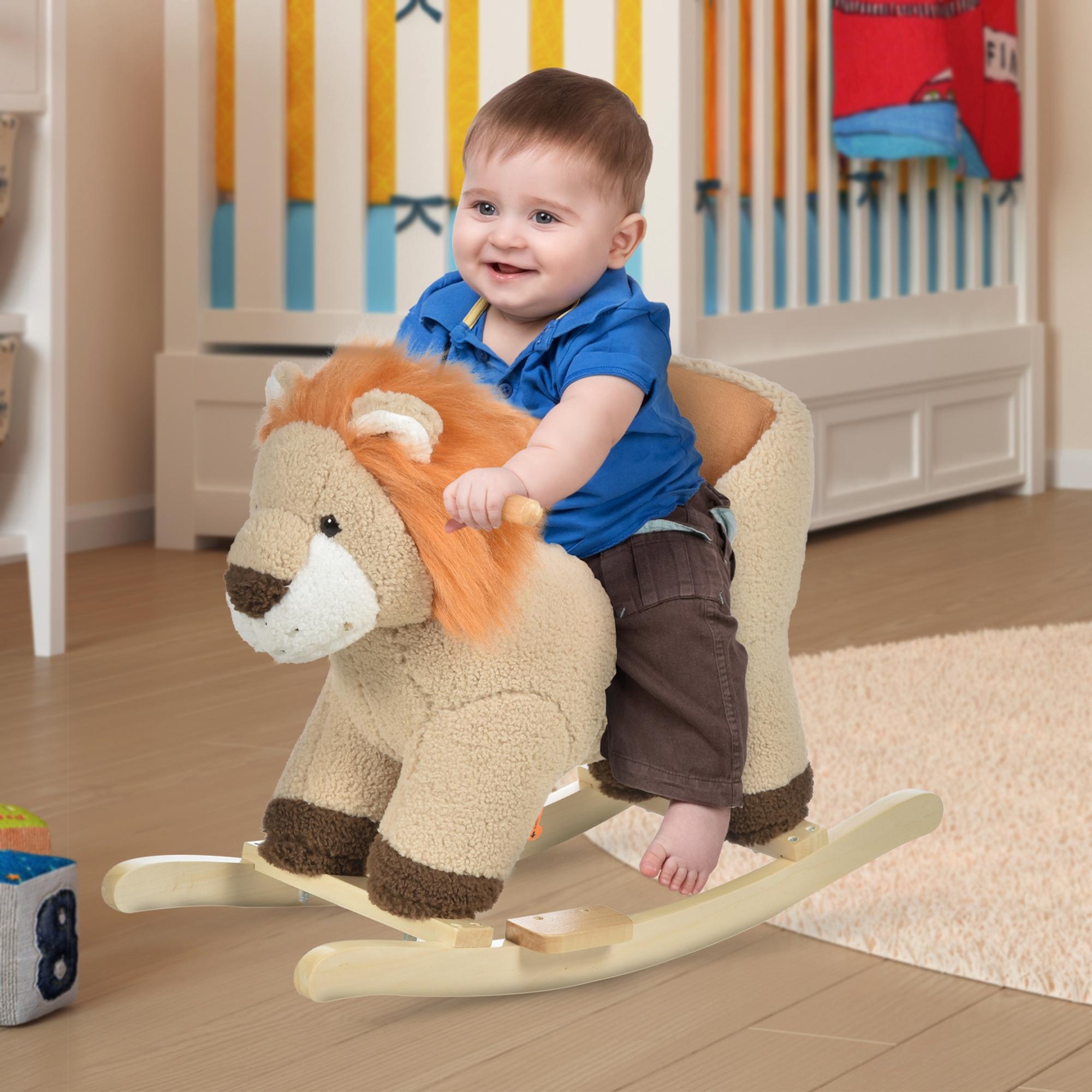 HOMCOM Kids Children Rocking Horse Plush Ride On Lion Seat w/ Sound Wood Base Seat Safety Belt Toddler Baby Toy for 18-36 Months Brown - North Peak Garden Furniture