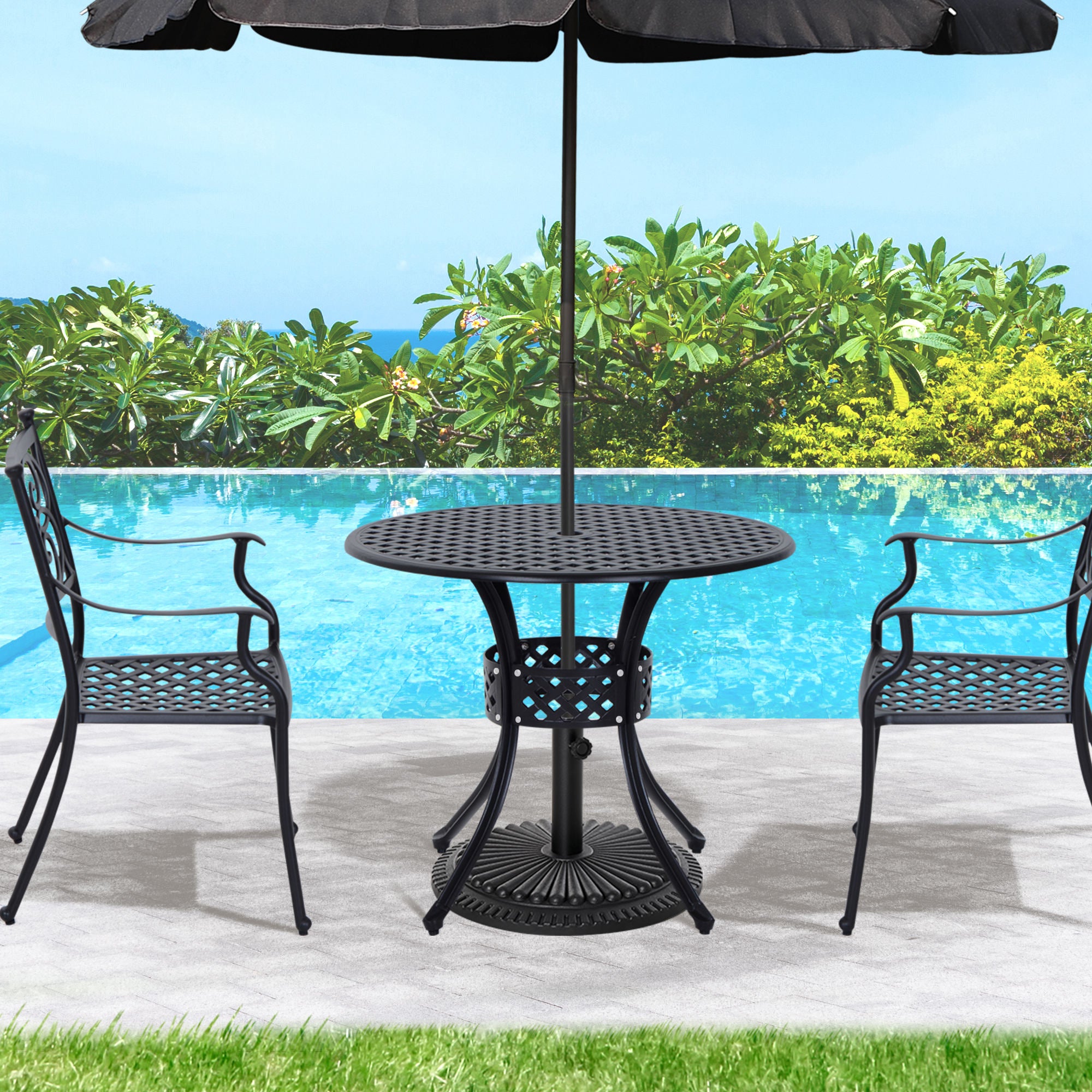 Outsunny 85cm Round Garden Table with Umbrella Hole, Aluminium Grid Motif Outdoor Dining Table for Garden Patio, Black - North Peak Garden Furniture
