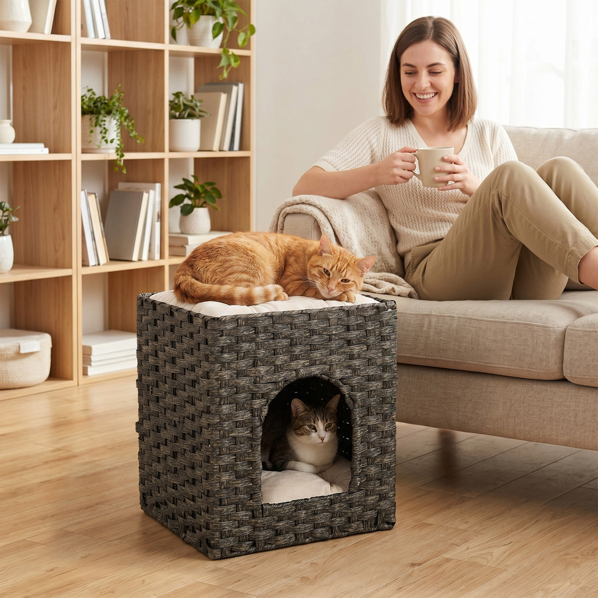 PawHut 2-Tier Wicker Cat House, Handwoven Rattan Cat Bed with Washable Cushions, Indoor Kitten Condo Hideaway