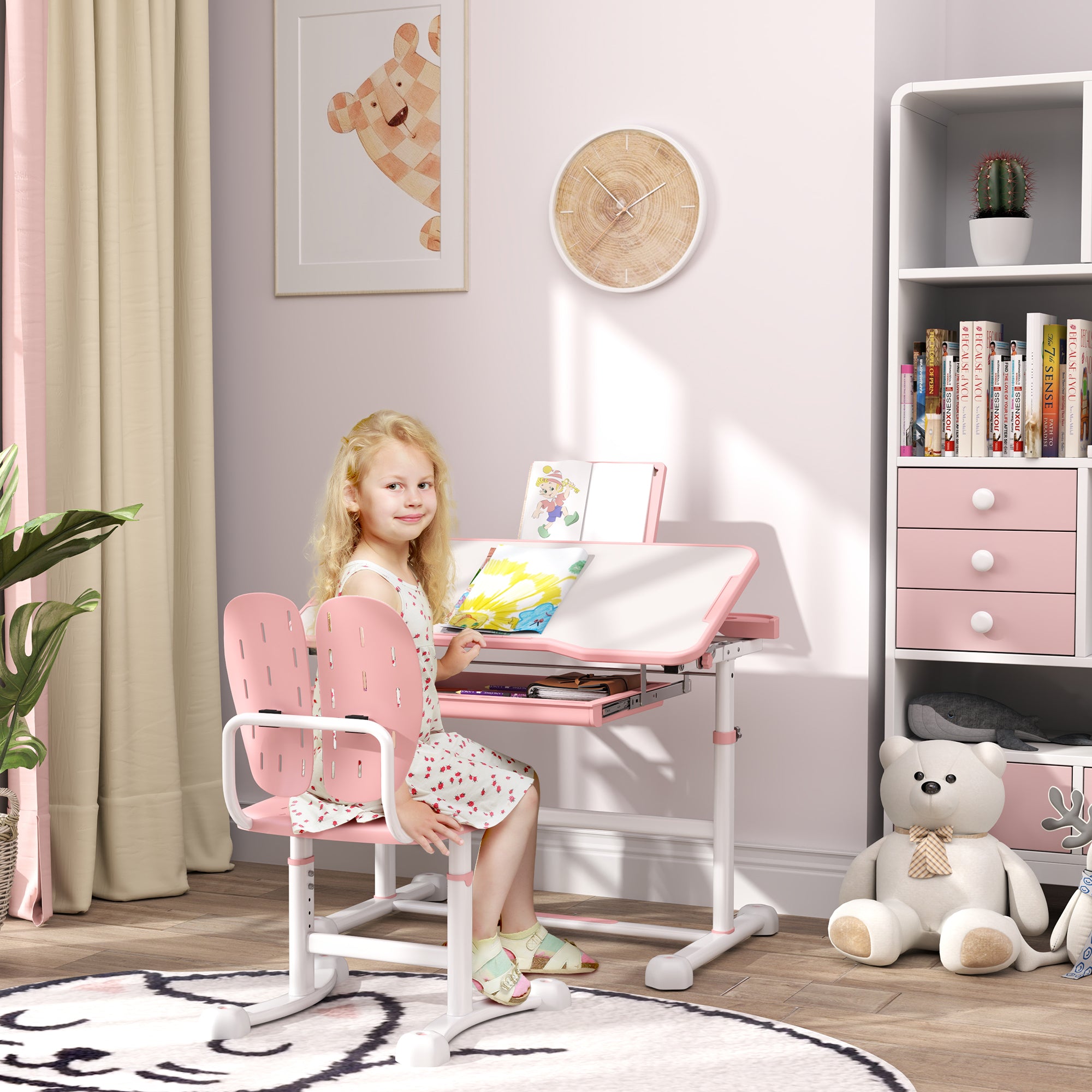 AIYAPLAY Height Adjustable Kids Desk and Chair Set, School Study Writing, Reading Table Chair Set w/ Tilted Desktop, Pink - North Peak Garden Furniture