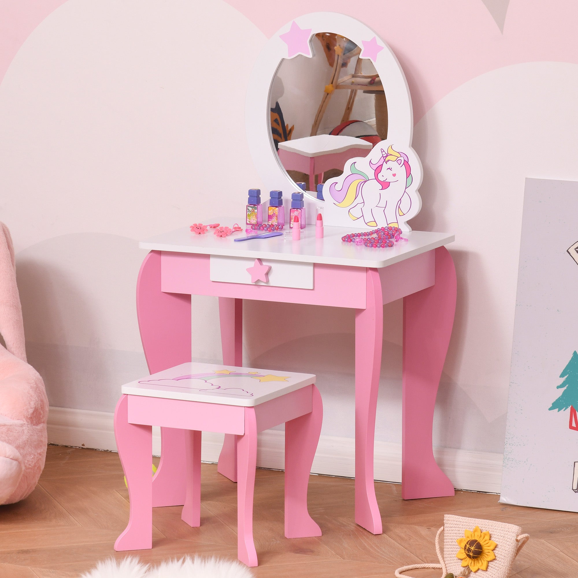 HOMCOM Kids Dressing Table with Mirror, Stool, Pink - North Peak Garden Furniture