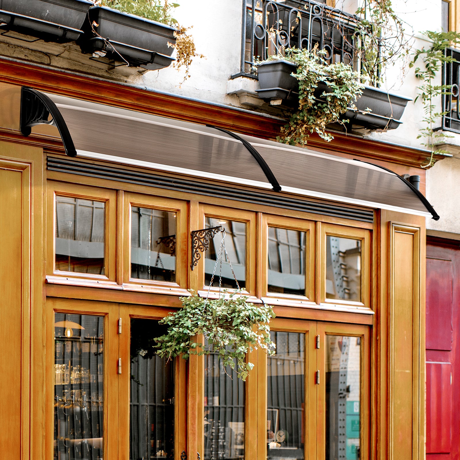 Outsunny 75 x 195 cm Curved Door Window Awning Canopy, Polycarbonate Cover Front Door Outdoor Patio, UV Rain Snow Protection Shelter, Brown - North Peak Garden Furniture