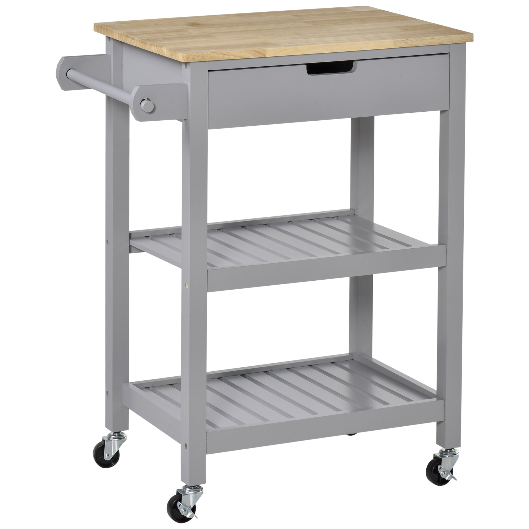 HOMCOM Kitchen Trolley Utility Cart on Wheels with Rubberwood Worktop, Towel Rack, Storage Shelves & Drawer for Dining Room, Grey - North Peak Garden Furniture