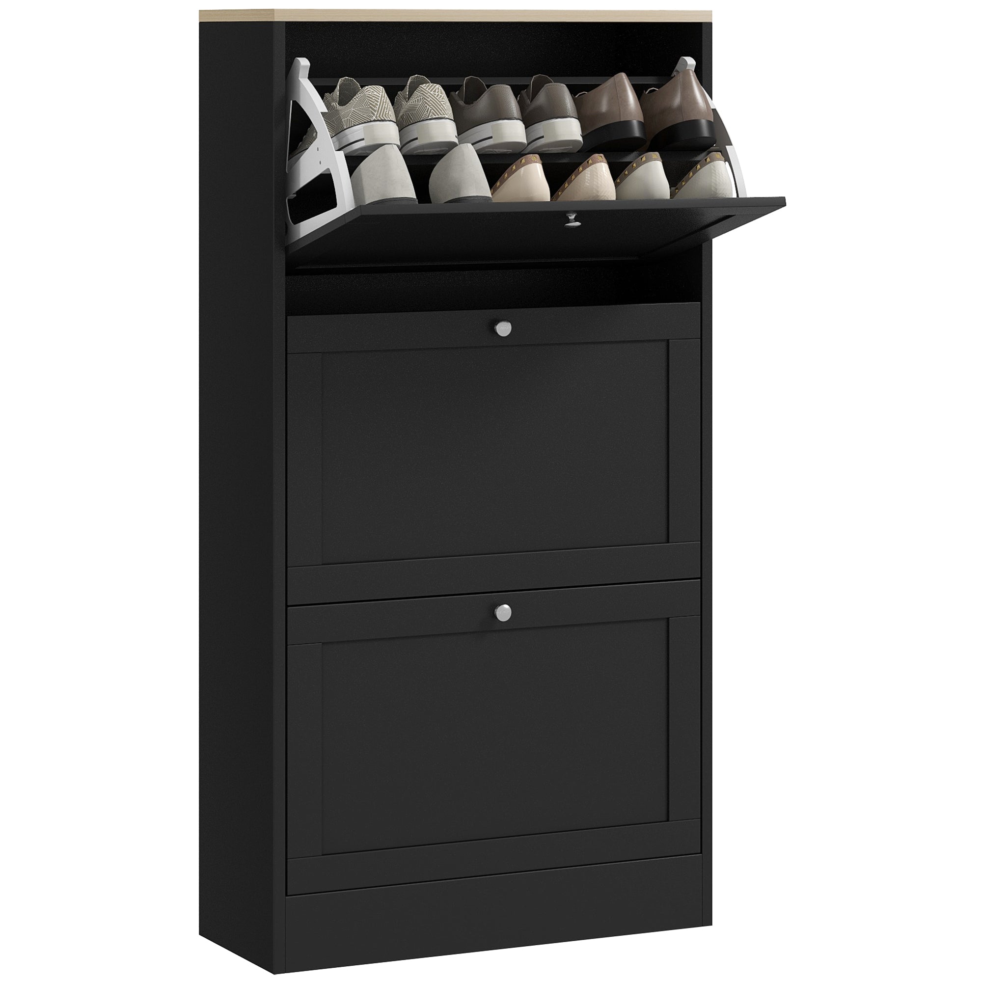 HOMCOM Modern Compact Three-Drawer Shoe Storage Cabinet - Black - North Peak Garden Furniture
