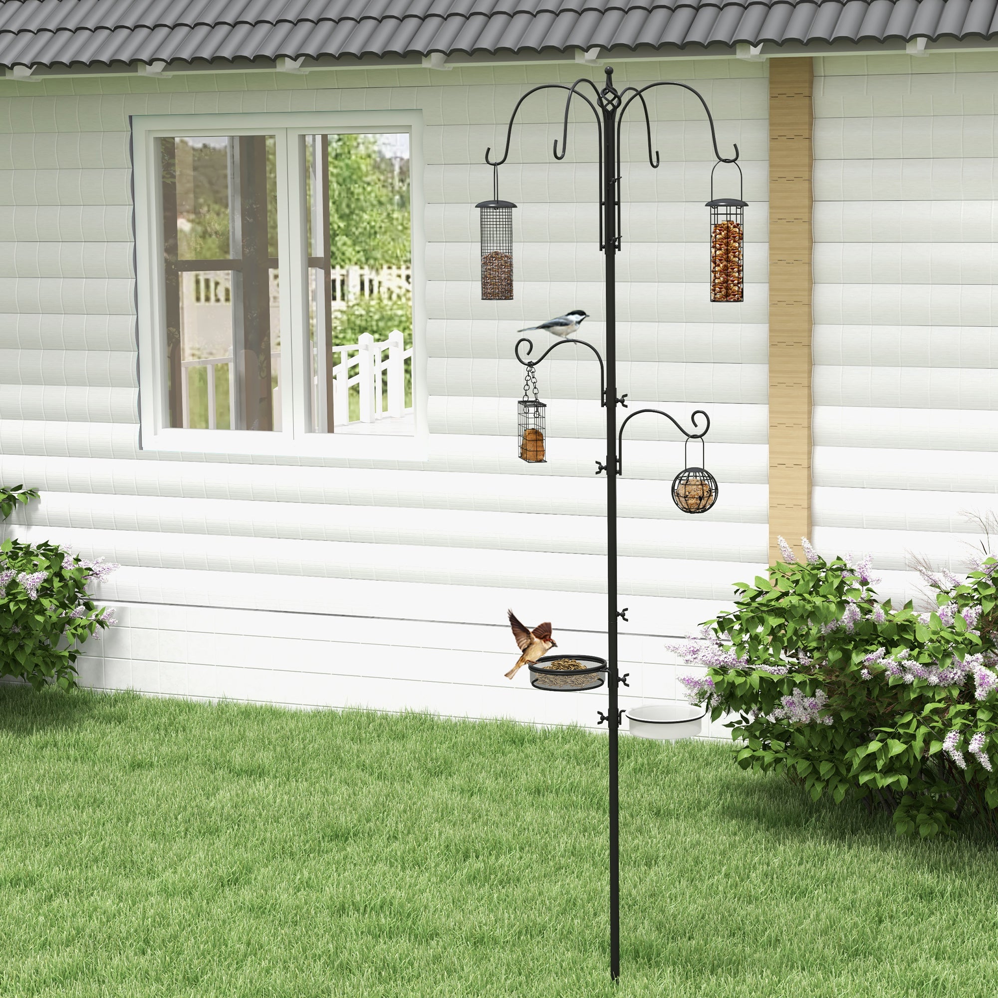 Pawhut Bird Feeding Station Kit, Wild Bird Feeder Pole with 6 Hooks, 4 Hanging Feeders for Peanuts, Seed, Fat Balls, for Garden, Outdoor, Black - North Peak Garden Furniture