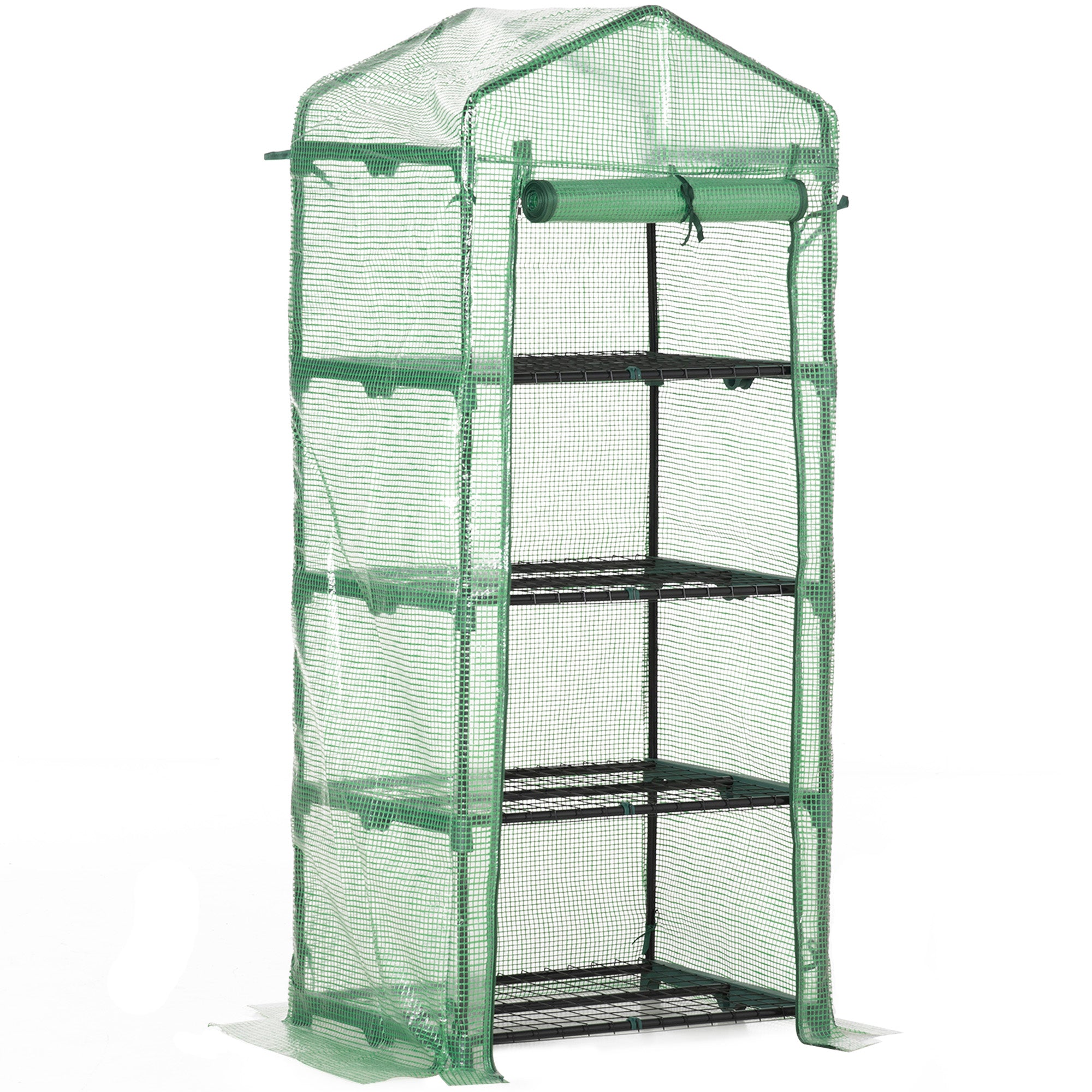 Outsunny 4 Tier Mini Greenhouse, Portable Compact Green House with Steel Frame, PE Cover, Roll-up Door, 70 x 50 x 160 cm, Green - North Peak Garden Furniture