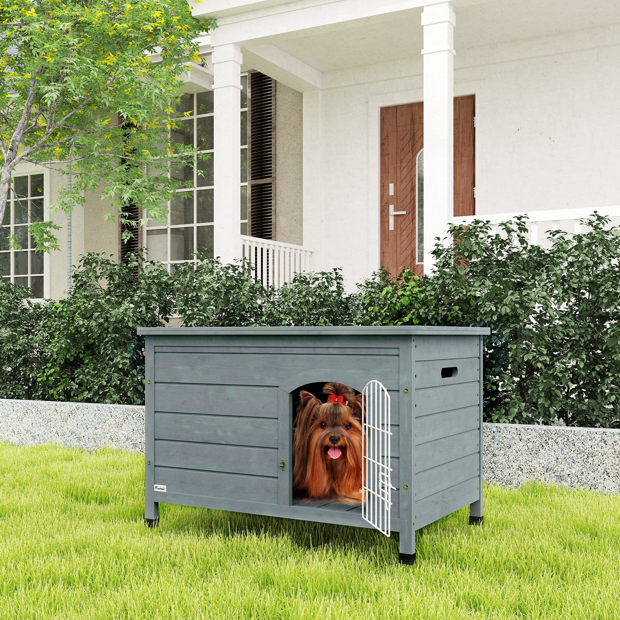 PawHut Wooden Dog House with Removable Bottom, Wire Door, Openable Top, Pet Shelter for Small Dog, 80 x 55 x 53.5cm, Dark Grey - North Peak Garden Furniture